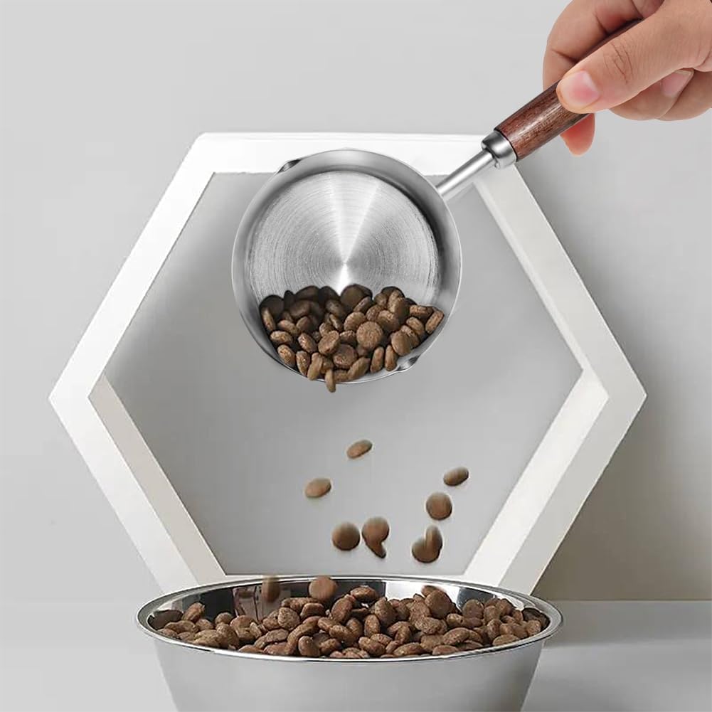 Dog Food Scoop, 1 Cup and 1/2 Cup, 304 Stainless Steel | Pet Food Scoop Measuring Cup with Wooden Handle, Set of 2