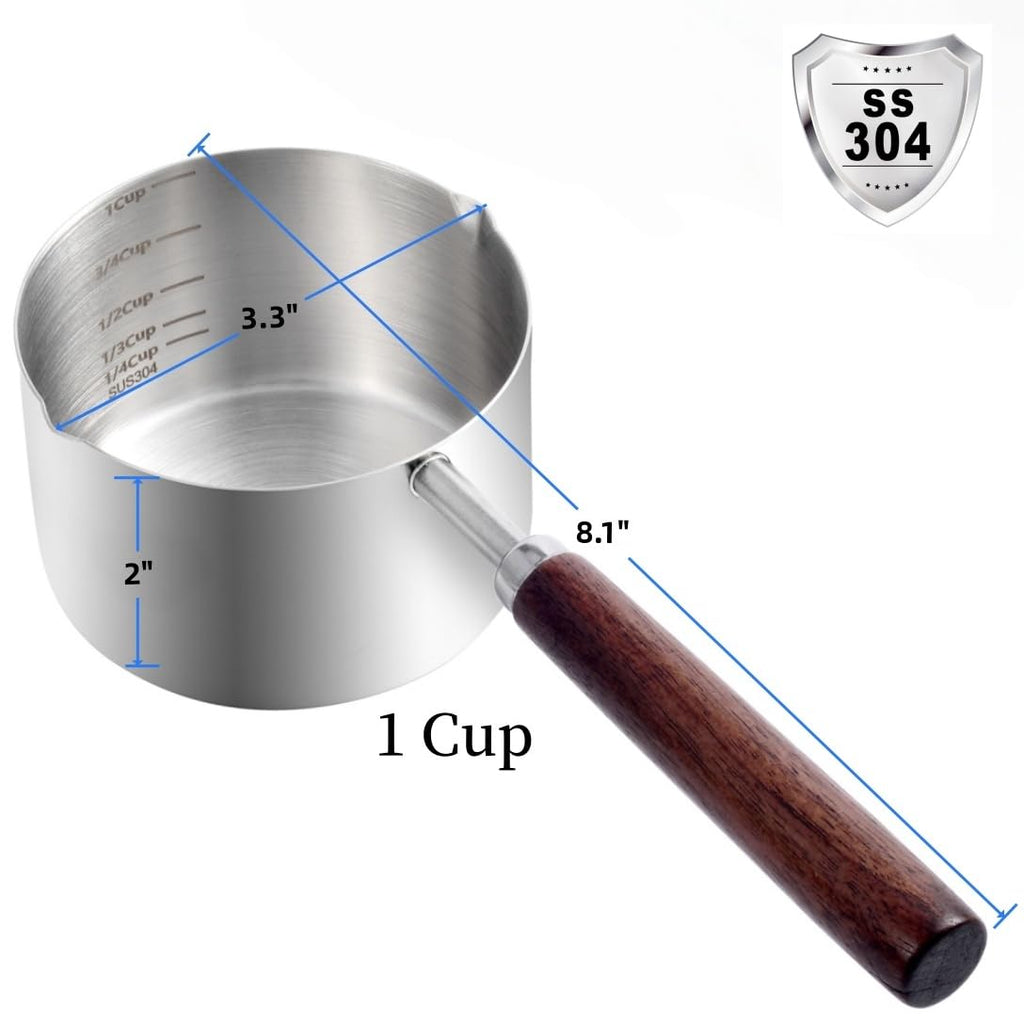 Dog Food Scoop, 1 Cup and 1/2 Cup, 304 Stainless Steel | Pet Food Scoop Measuring Cup with Wooden Handle, Set of 2