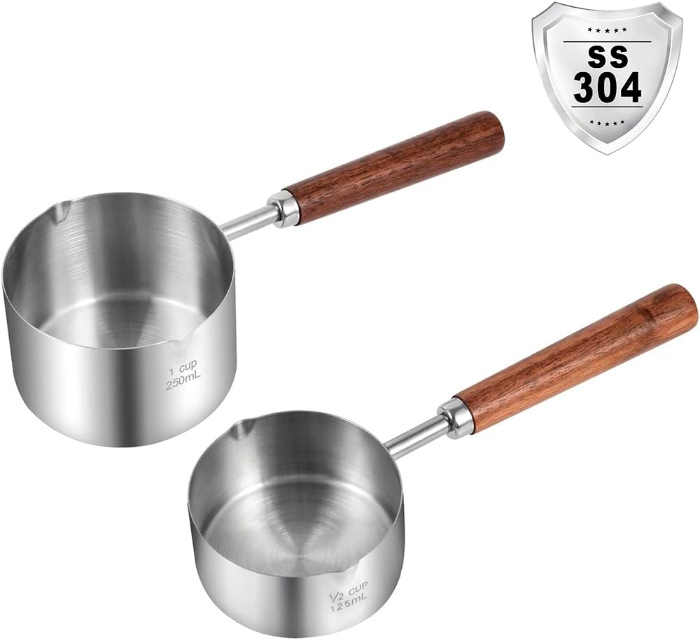 Dog Food Scoop, 1 Cup and 1/2 Cup, 304 Stainless Steel | Pet Food Scoop Measuring Cup with Wooden Handle, Set of 2