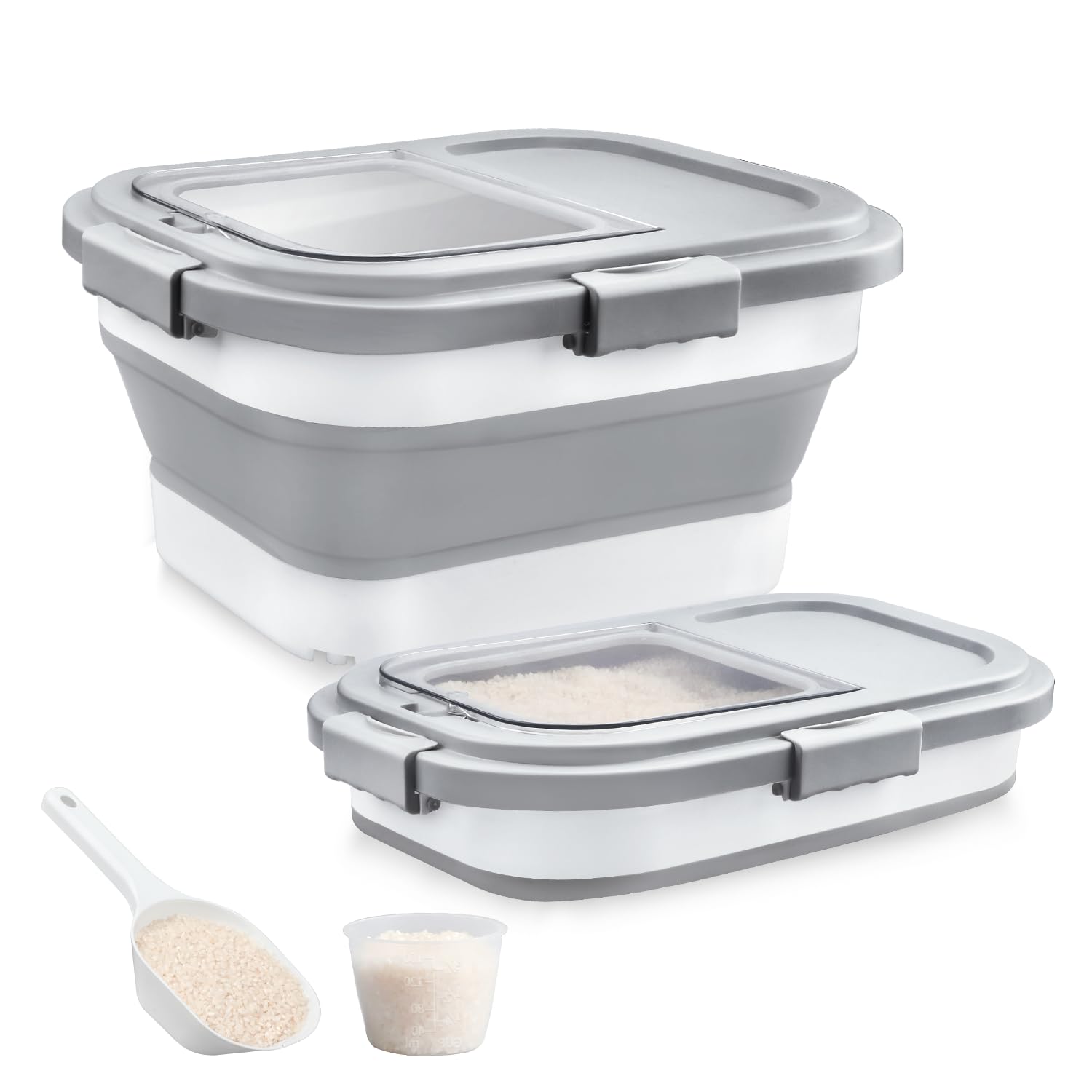 Rice Storage Container, Collapsible Airtight 10-40 Lb Rice Storage Container, 25lb Pet Dog Food Storage Container, Rice Dispenser Bin with Cup and Scoop for Flour Cereal Pasta Grain, Cat Bird