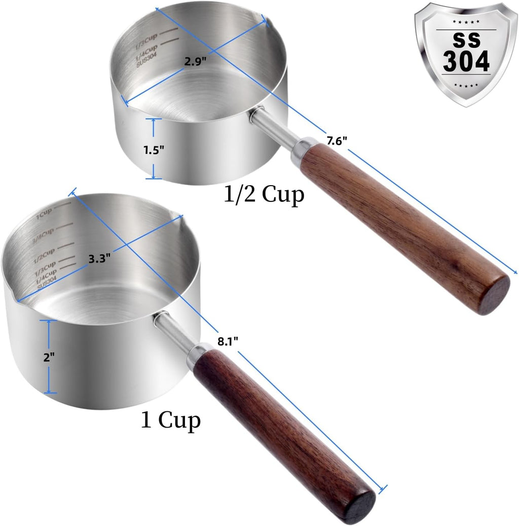 Dog Food Scoop, 1 Cup and 1/2 Cup, 304 Stainless Steel | Pet Food Scoop Measuring Cup with Wooden Handle, Set of 2