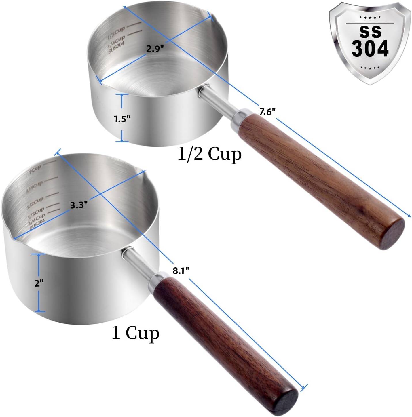 Dog Food Scoop, 1 Cup and 1/2 Cup, 304 Stainless Steel | Pet Food Scoop Measuring Cup with Wooden Handle, Set of 2