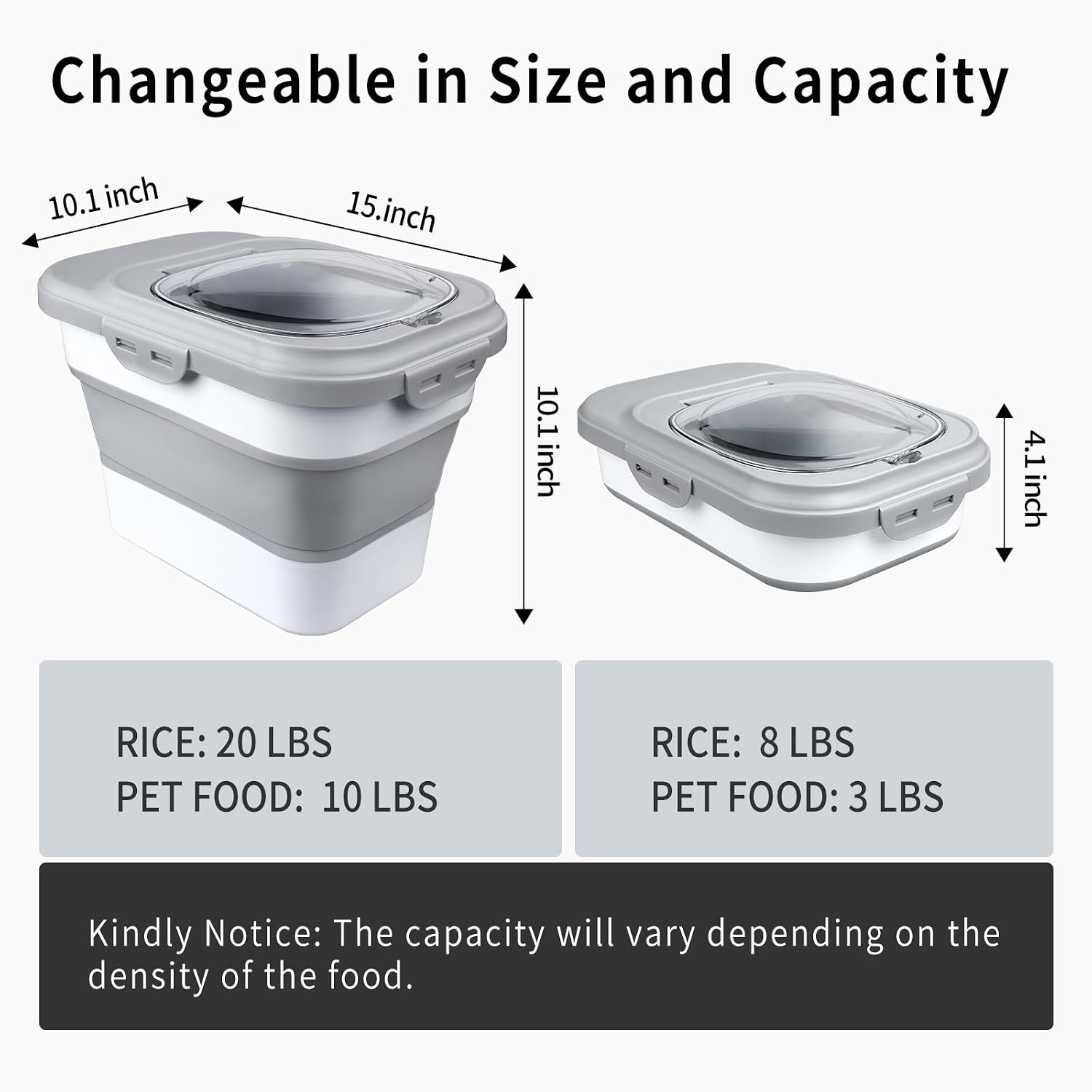 Rice Storage Container, Collapsible Airtight Food Storage Containers 6-20 Lbs, Rice Dispenser with Measuring Cup and Small Bin for Flour Cereal Pasta Grain, Cat Pet Dog Bird Food Container
