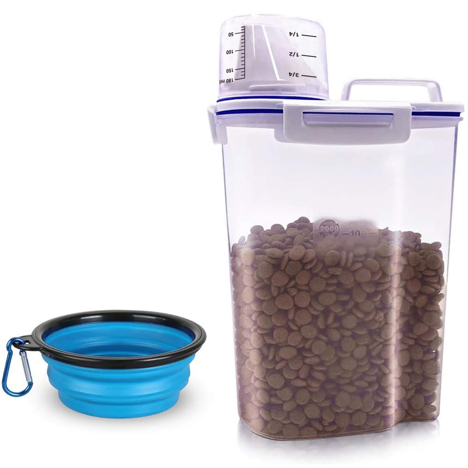TIOVERY Dog Food Storage Container, 5-7 Lbs Airtight Pet Food Container, Cat food Container Dispenser with Portable Handle, Pouring Spout and a Collapsible bowl for Dogs Cats Navy Blue/6Qt