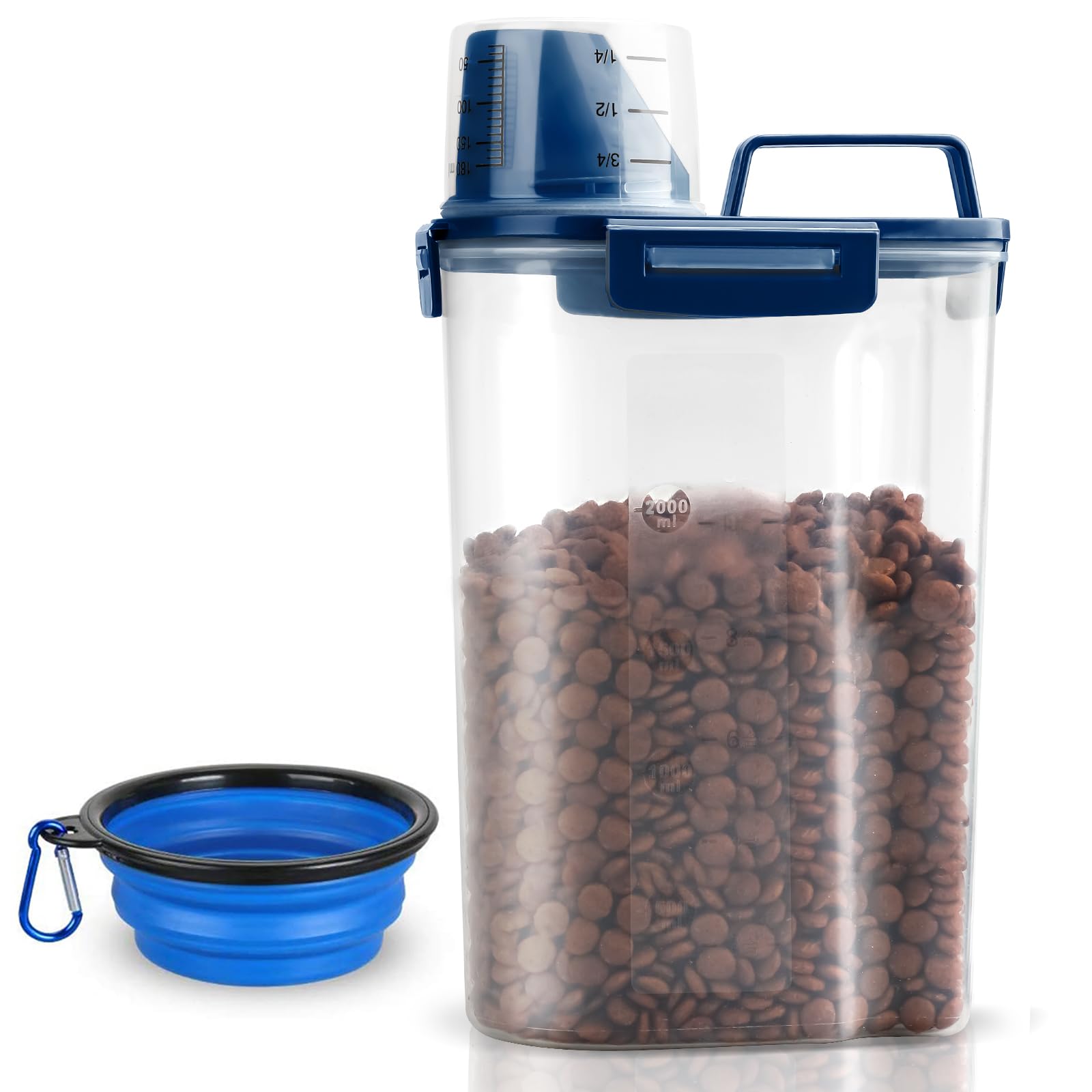 TIOVERY Dog Food Storage Container, 5-7 Lbs Airtight Pet Food Container, Cat food Container Dispenser with Portable Handle, Pouring Spout and a Collapsible bowl for Dogs Cats Navy Blue/6Qt