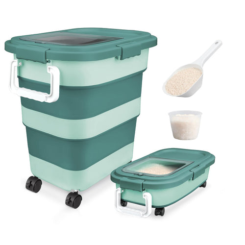 Rice Storage Container, Collapsible Airtight 10-40 Lb Rice Storage Container, 25lb Pet Dog Food Storage Container, Rice Dispenser Bin with Cup and Scoop for Flour Cereal Pasta Grain, Cat Bird