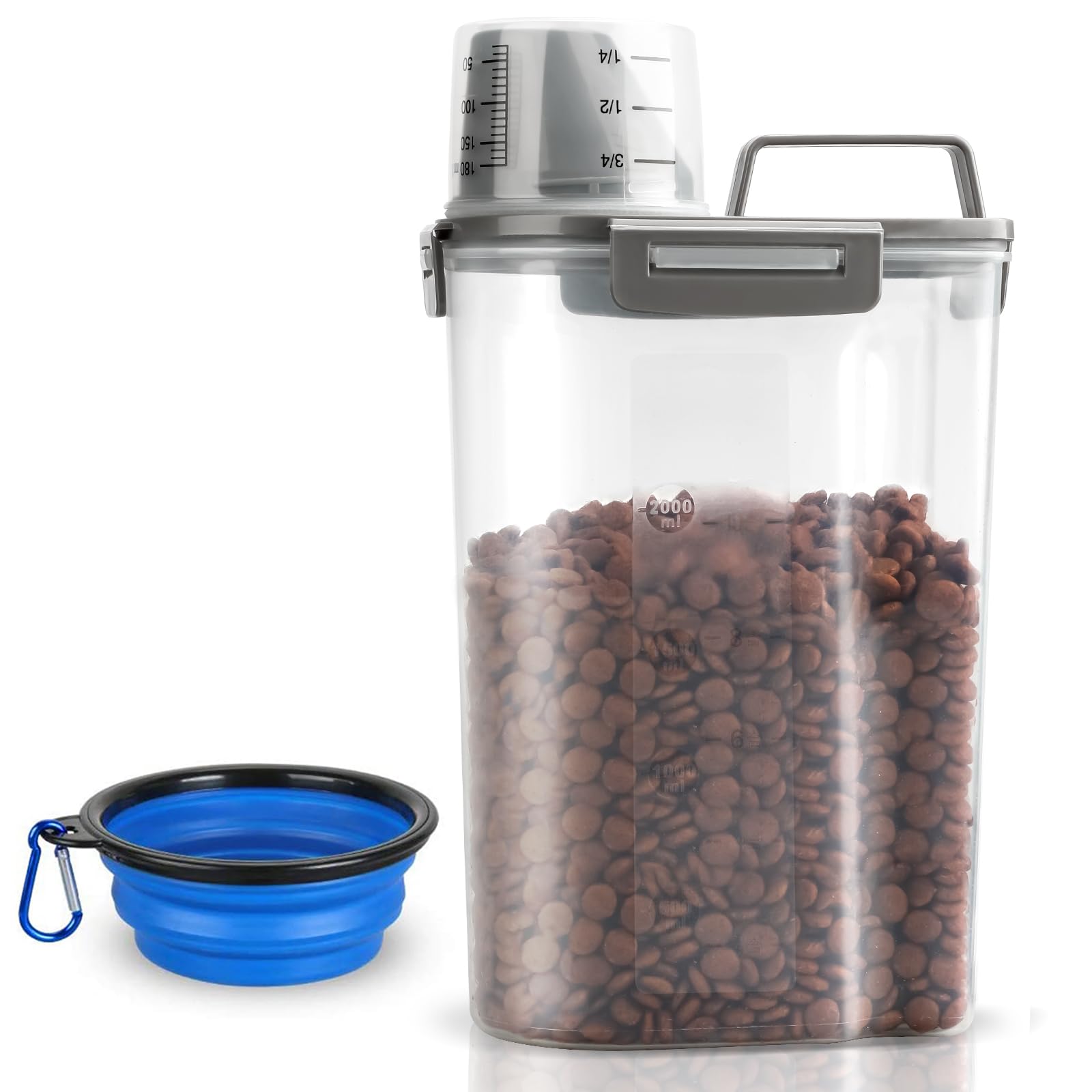 TIOVERY Dog Food Storage Container, 5-7 Lbs Airtight Pet Food Container, Cat food Container Dispenser with Portable Handle, Pouring Spout and a Collapsible bowl for Dogs Cats Navy Blue/6Qt