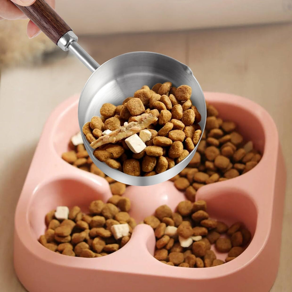 Dog Food Scoop, 1 Cup and 1/2 Cup, 304 Stainless Steel | Pet Food Scoop Measuring Cup with Wooden Handle, Set of 2