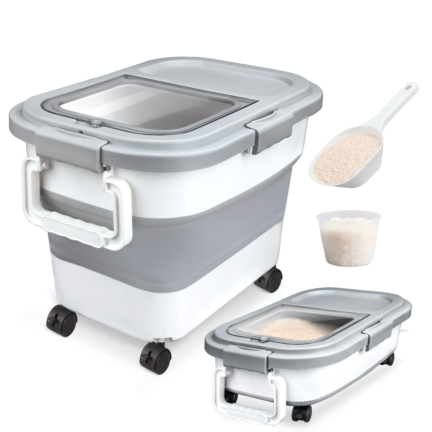 Rice Storage Container, Collapsible Airtight 10-40 Lb Rice Storage Container, 25lb Pet Dog Food Storage Container, Rice Dispenser Bin with Cup and Scoop for Flour Cereal Pasta Grain, Cat Bird