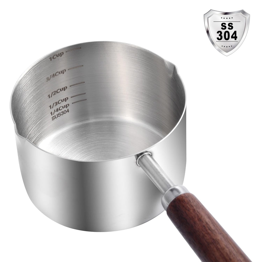 Dog Food Scoop, 1 Cup and 1/2 Cup, 304 Stainless Steel | Pet Food Scoop Measuring Cup with Wooden Handle, Set of 2