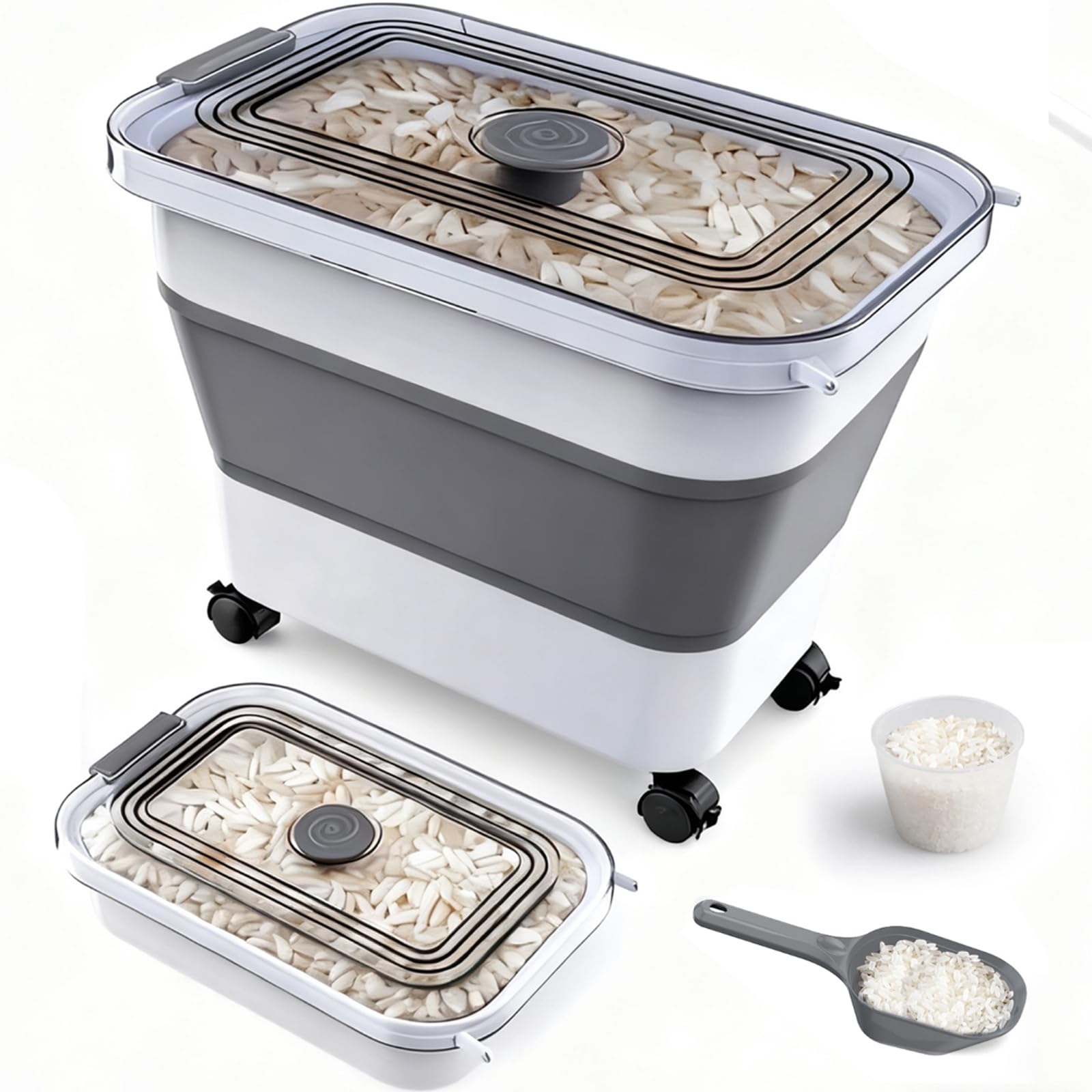 Rice Storage Container, Collapsible Airtight 10-40 Lb Rice Storage Container, 25lb Pet Dog Food Storage Container, Rice Dispenser Bin with Cup and Scoop for Flour Cereal Pasta Grain, Cat Bird