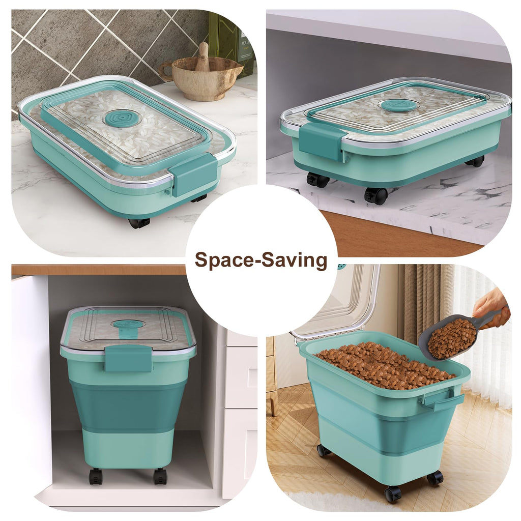 Rice Storage Container, Collapsible Airtight 10-40 Lb Rice Storage Container, 25lb Pet Dog Food Storage Container, Rice Dispenser Bin with Cup and Scoop for Flour Cereal Pasta Grain, Cat Bird