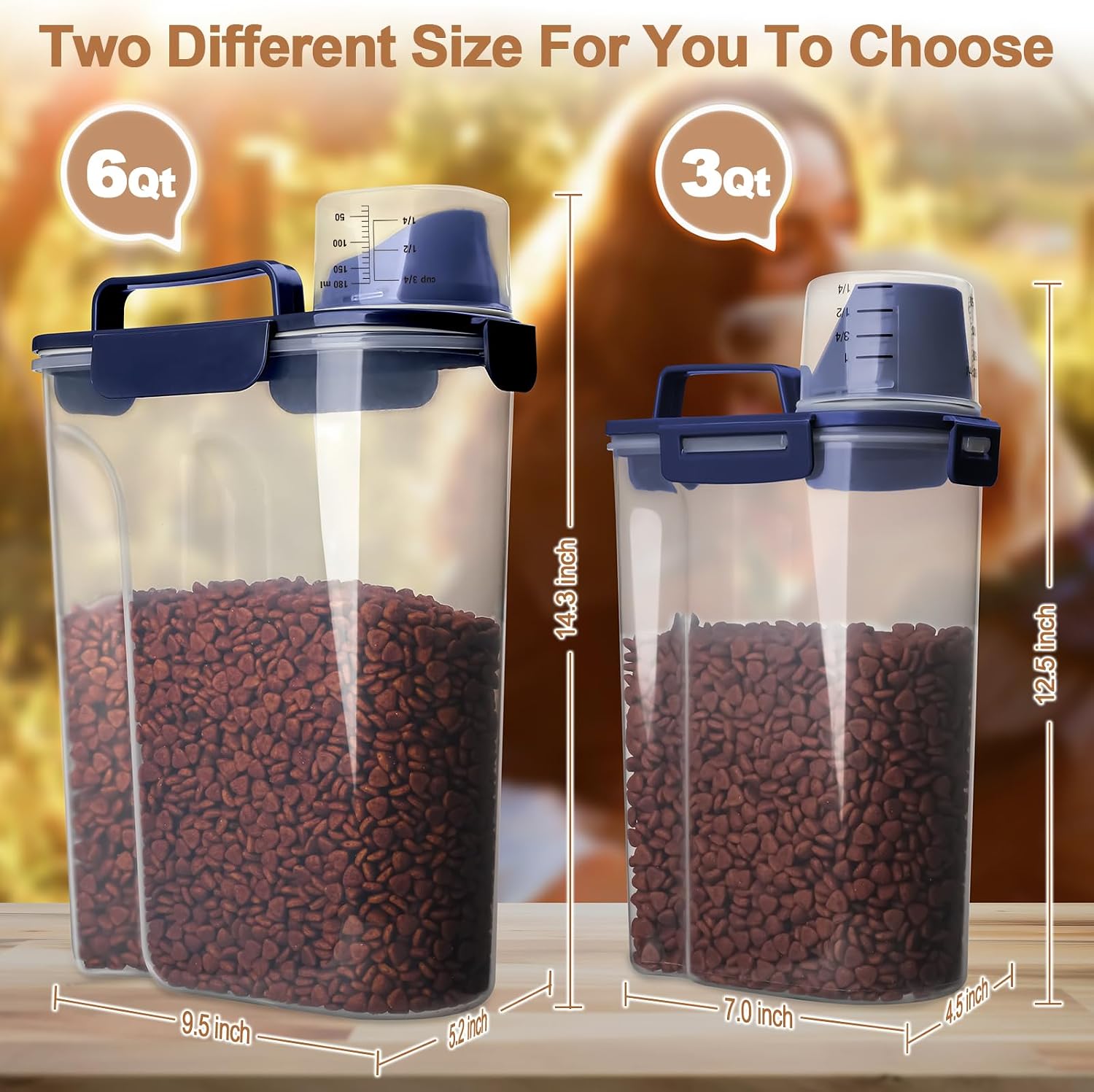 TIOVERY Dog Food Storage Container, 5-7 Lbs Airtight Pet Food Container, Cat food Container Dispenser with Portable Handle, Pouring Spout and a Collapsible bowl for Dogs Cats Navy Blue/6Qt