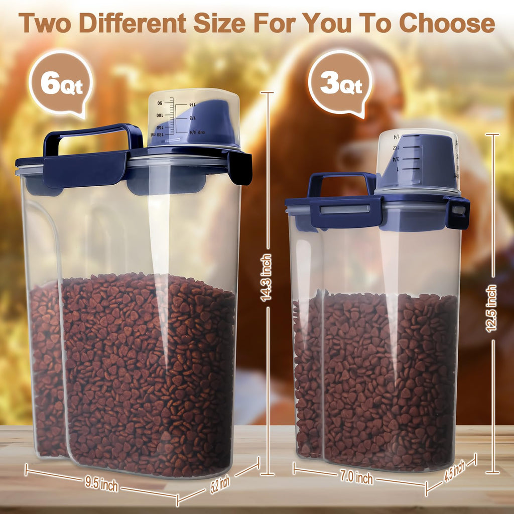 TIOVERY Dog Food Storage Container, 5-7 Lbs Airtight Pet Food Container, Cat food Container Dispenser with Portable Handle, Pouring Spout and a Collapsible bowl for Dogs Cats Navy Blue/6Qt