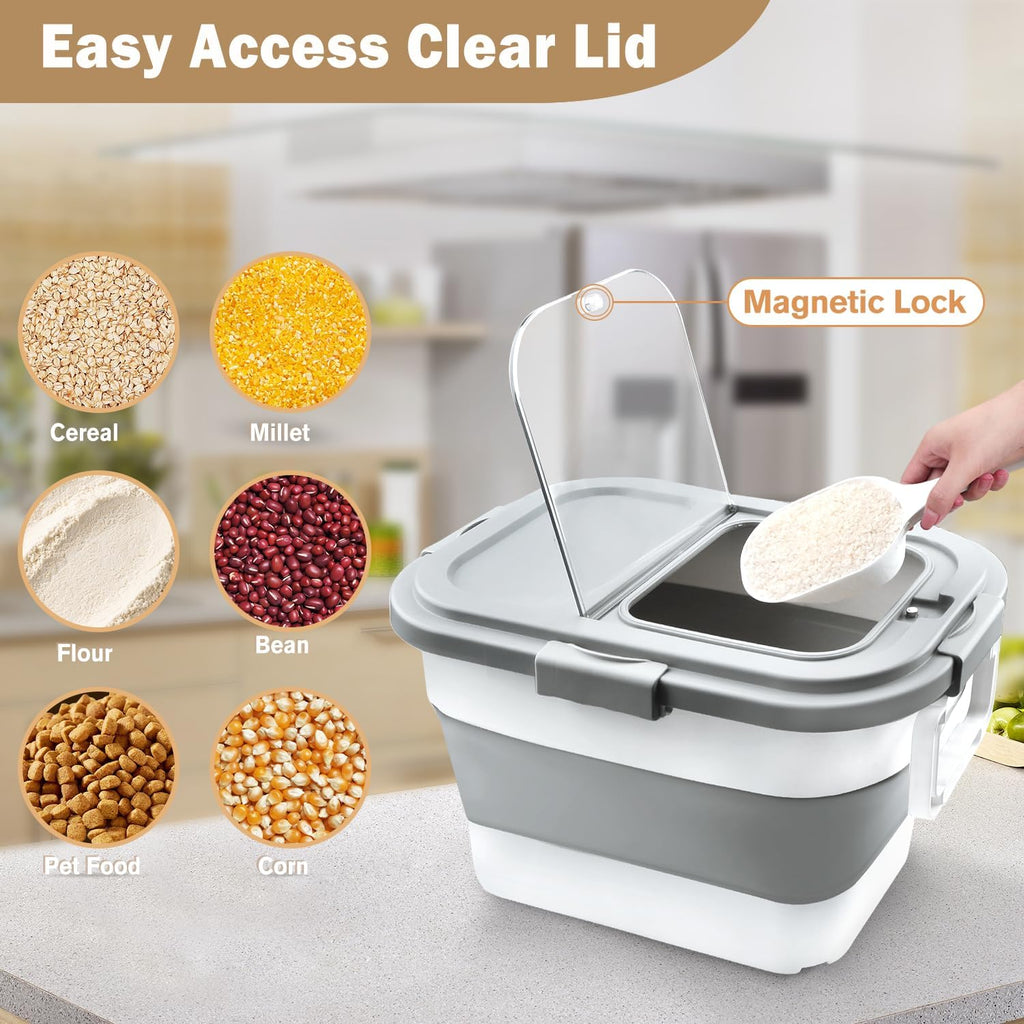 Rice Storage Container, Collapsible Airtight 10-40 Lb Rice Storage Container, 25lb Pet Dog Food Storage Container, Rice Dispenser Bin with Cup and Scoop for Flour Cereal Pasta Grain, Cat Bird