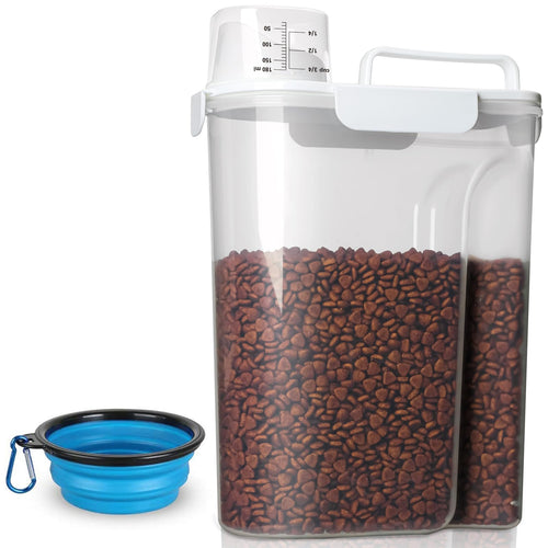 TIOVERY Dog Food Storage Container, 5-7 Lbs Airtight Pet Food Container, Cat food Container Dispenser with Portable Handle, Pouring Spout and a Collapsible bowl for Dogs Cats Navy Blue/6Qt