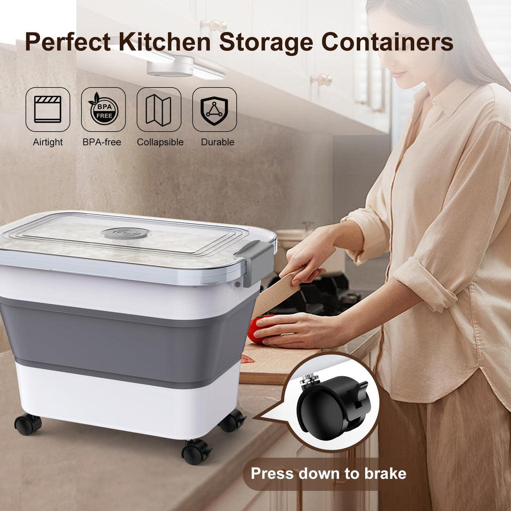 Rice Storage Container, Collapsible Airtight 10-40 Lb Rice Storage Container, 25lb Pet Dog Food Storage Container, Rice Dispenser Bin with Cup and Scoop for Flour Cereal Pasta Grain, Cat Bird