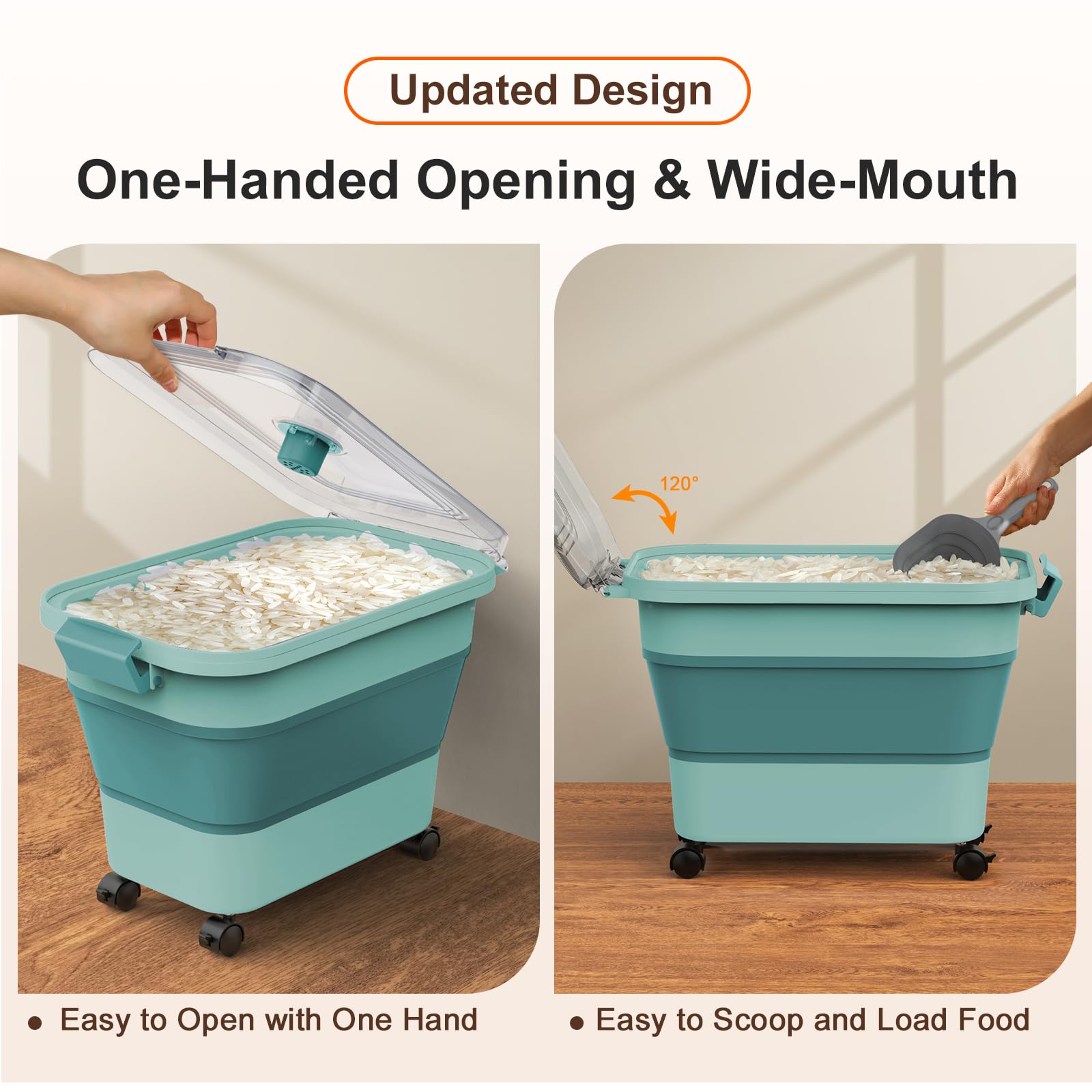 Rice Storage Container, Collapsible Airtight 10-40 Lb Rice Storage Container, 25lb Pet Dog Food Storage Container, Rice Dispenser Bin with Cup and Scoop for Flour Cereal Pasta Grain, Cat Bird