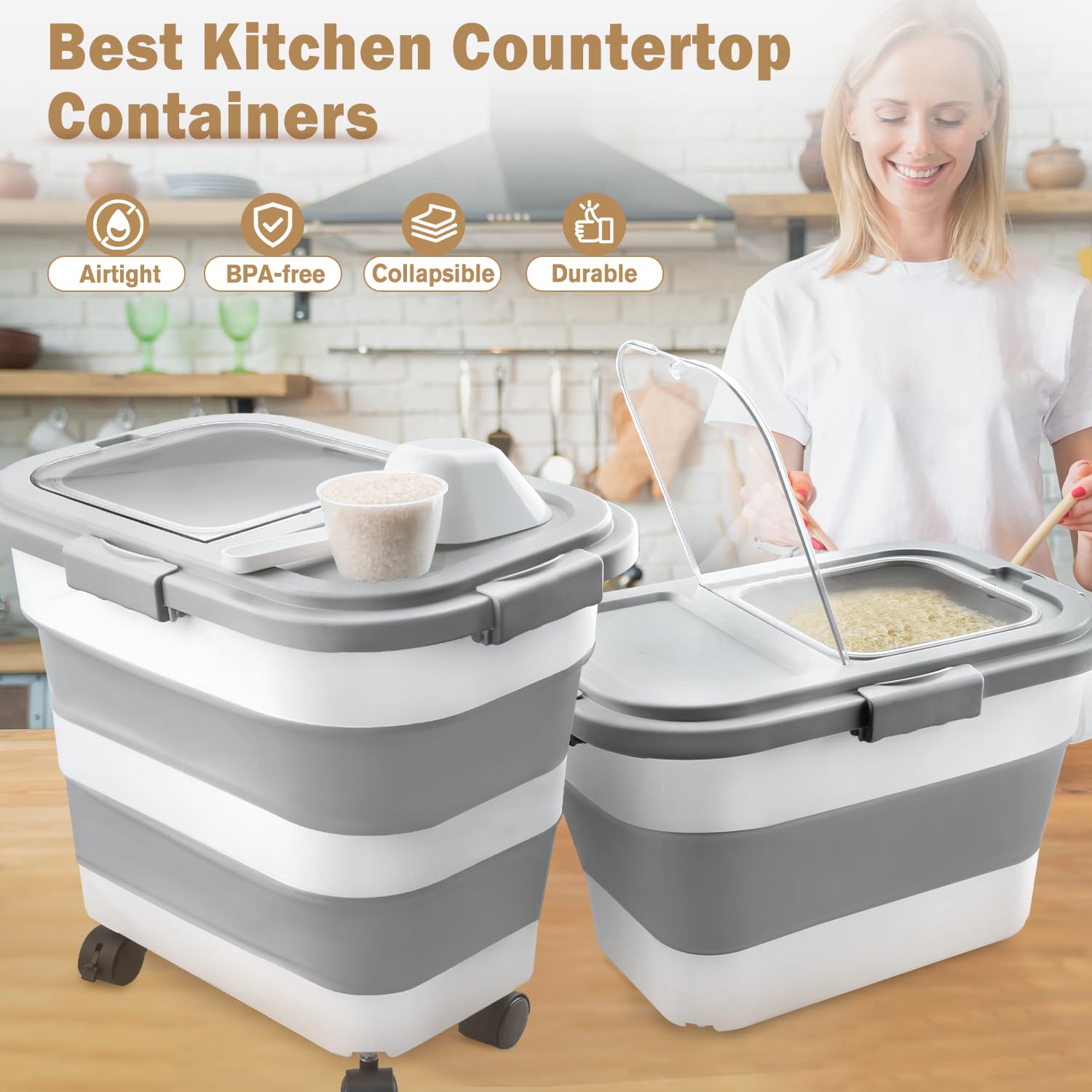 Rice Storage Container, Collapsible Airtight 10-40 Lb Rice Storage Container, 25lb Pet Dog Food Storage Container, Rice Dispenser Bin with Cup and Scoop for Flour Cereal Pasta Grain, Cat Bird
