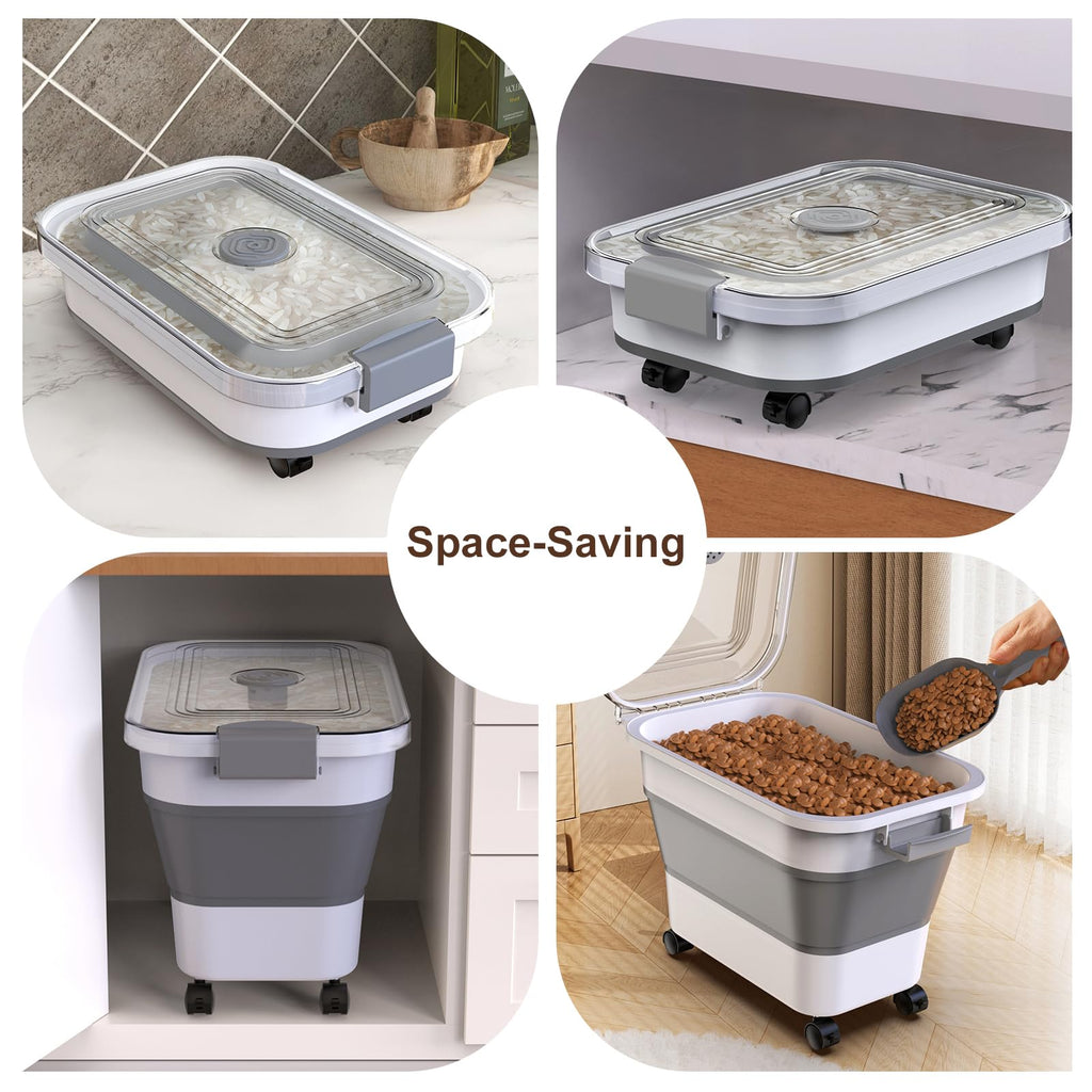 Rice Storage Container, Collapsible Airtight 10-40 Lb Rice Storage Container, 25lb Pet Dog Food Storage Container, Rice Dispenser Bin with Cup and Scoop for Flour Cereal Pasta Grain, Cat Bird