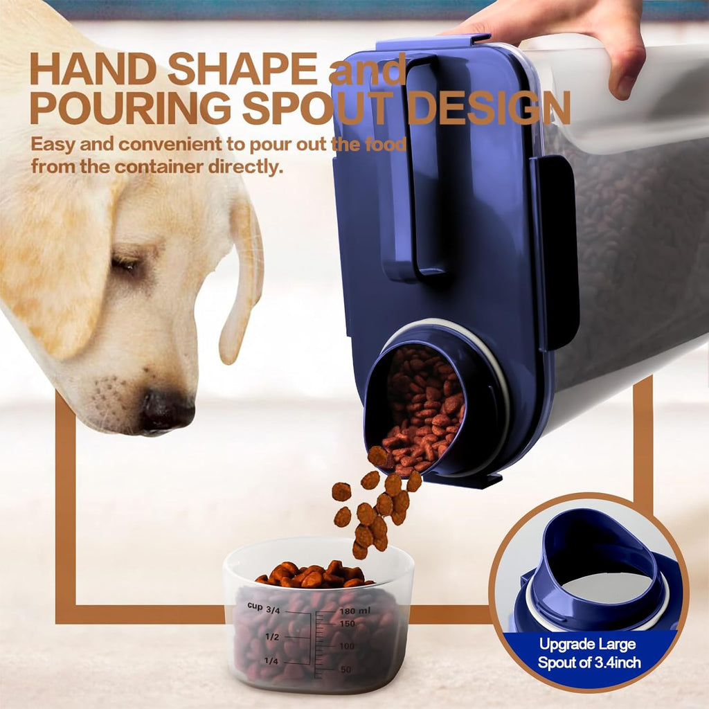 TIOVERY Dog Food Storage Container, 5-7 Lbs Airtight Pet Food Container, Cat food Container Dispenser with Portable Handle, Pouring Spout and a Collapsible bowl for Dogs Cats Navy Blue/6Qt