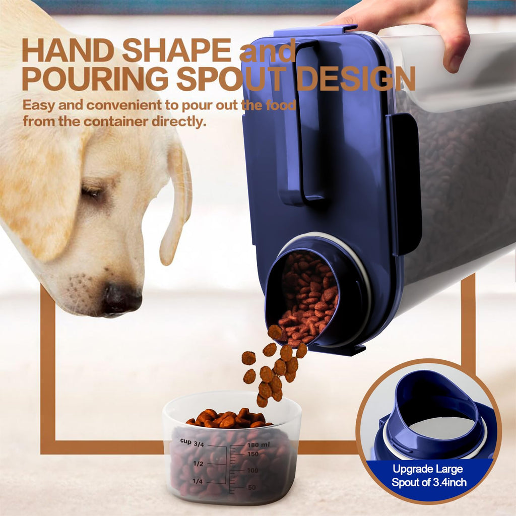 TIOVERY Dog Food Storage Container, 5-7 Lbs Airtight Pet Food Container, Cat food Container Dispenser with Portable Handle, Pouring Spout and a Collapsible bowl for Dogs Cats Navy Blue/6Qt