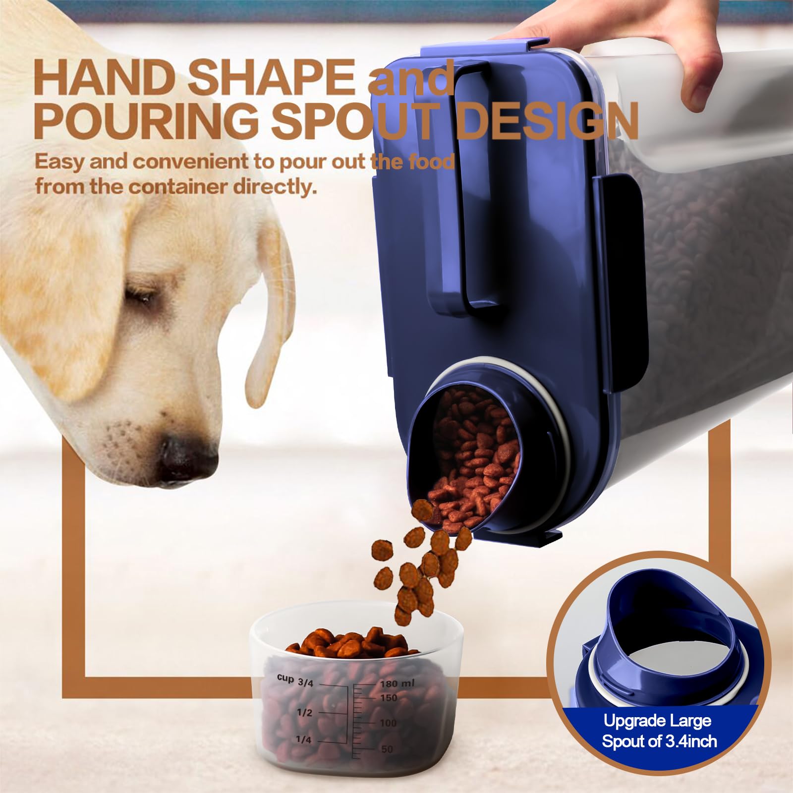 TIOVERY Dog Food Storage Container, 5-7 Lbs Airtight Pet Food Container, Cat food Container Dispenser with Portable Handle, Pouring Spout and a Collapsible bowl for Dogs Cats Navy Blue/6Qt