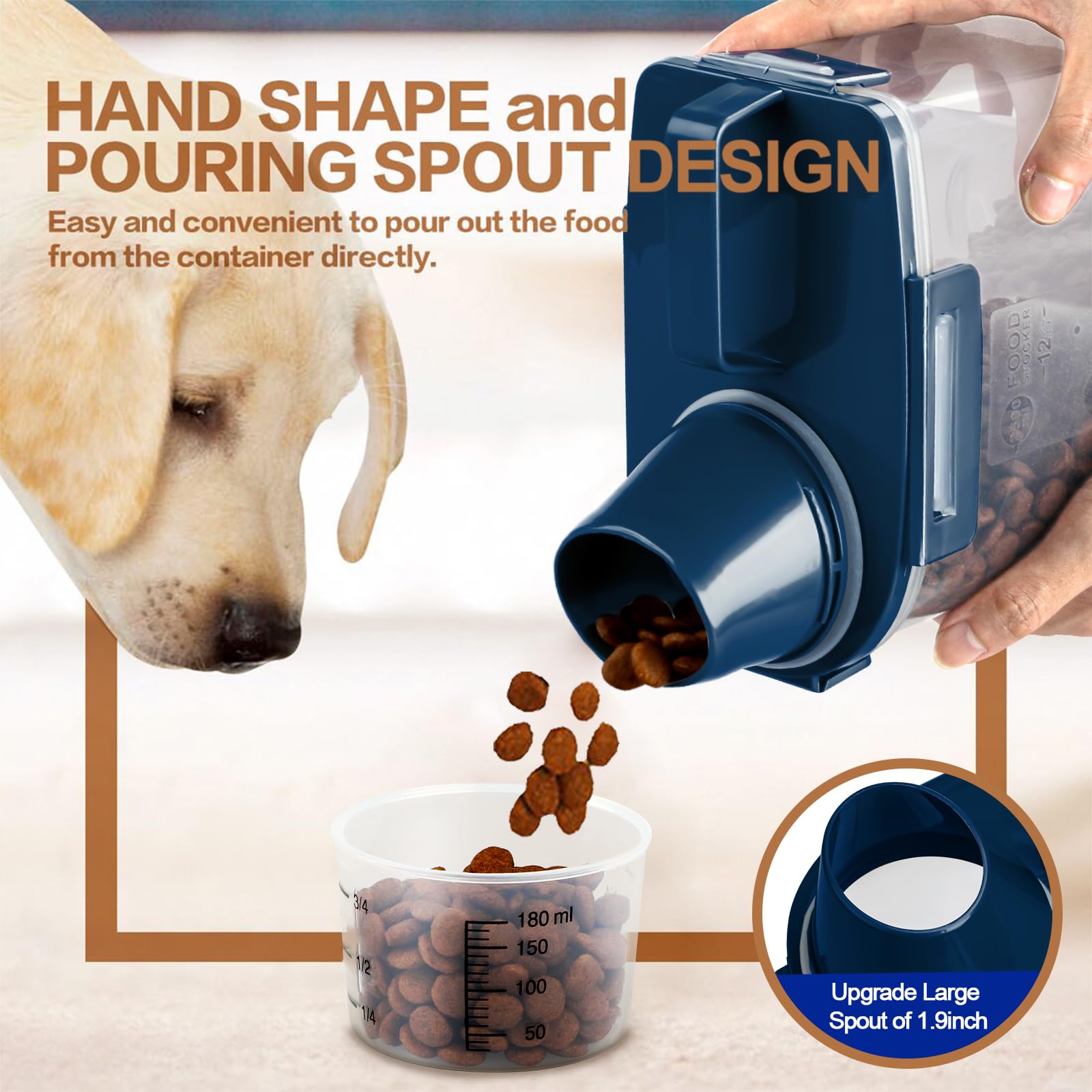 TIOVERY Dog Food Storage Container, 5-7 Lbs Airtight Pet Food Container, Cat food Container Dispenser with Portable Handle, Pouring Spout and a Collapsible bowl for Dogs Cats Navy Blue/6Qt