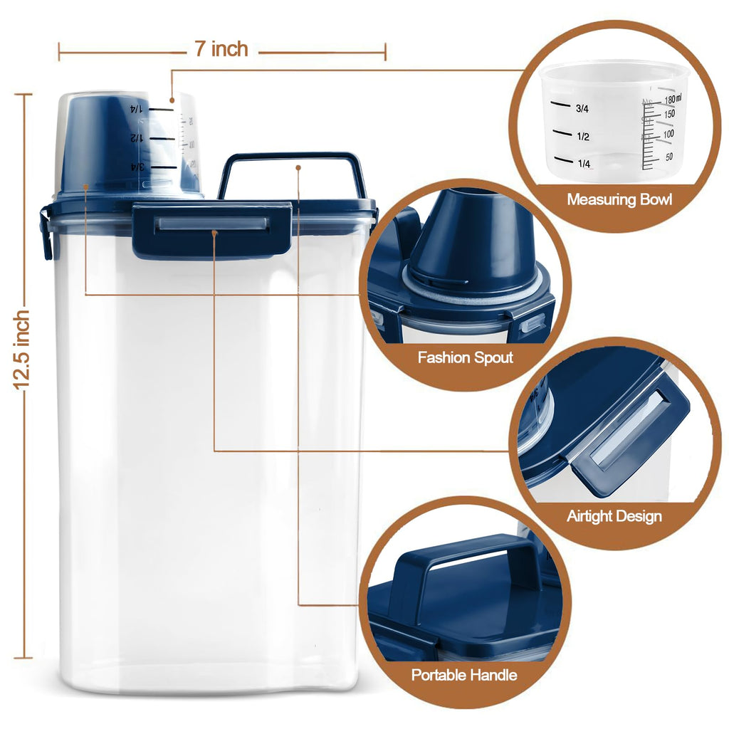 TIOVERY Dog Food Storage Container, 5-7 Lbs Airtight Pet Food Container, Cat food Container Dispenser with Portable Handle, Pouring Spout and a Collapsible bowl for Dogs Cats Navy Blue/6Qt