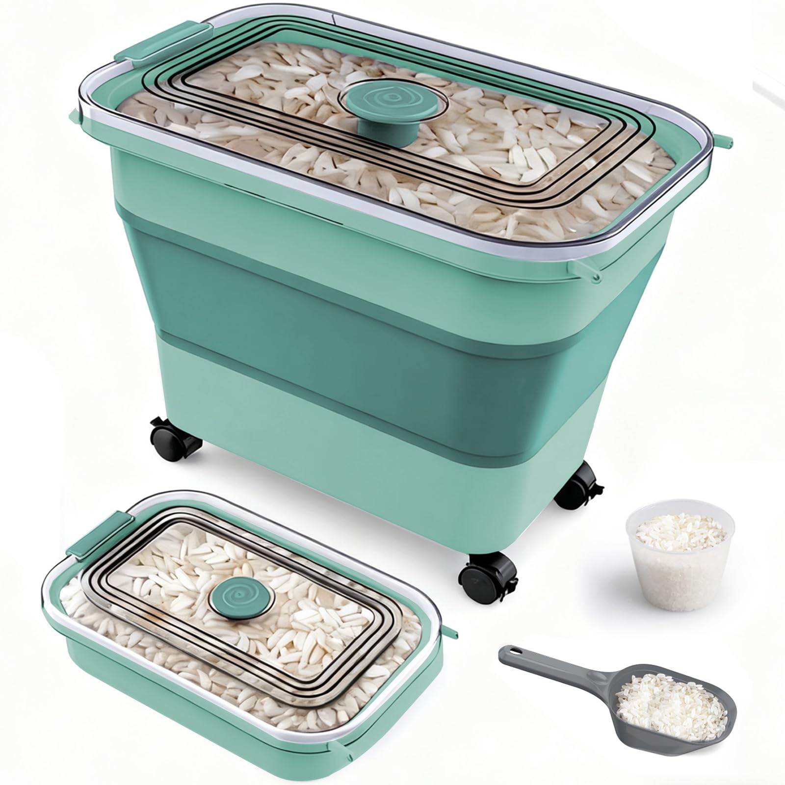 Rice Storage Container, Collapsible Airtight 10-40 Lb Rice Storage Container, 25lb Pet Dog Food Storage Container, Rice Dispenser Bin with Cup and Scoop for Flour Cereal Pasta Grain, Cat Bird