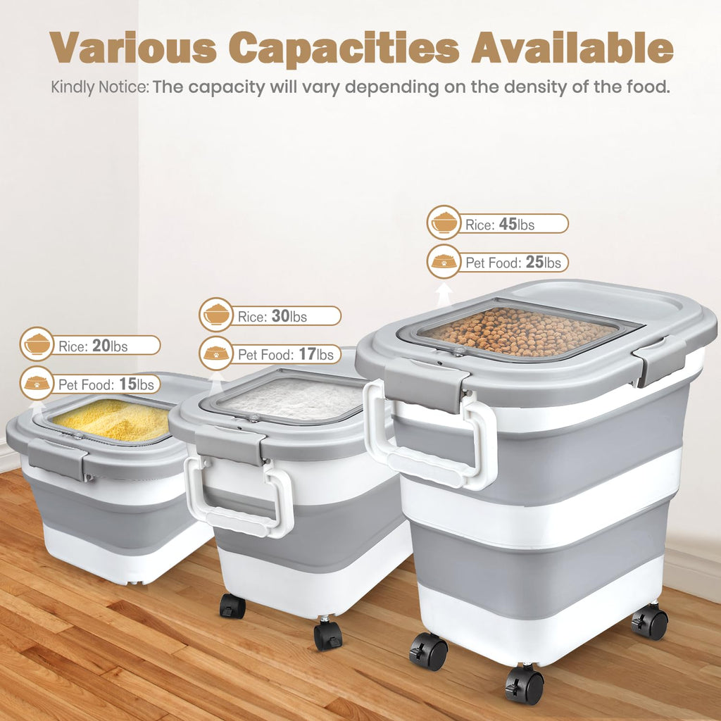 Rice Storage Container, Collapsible Airtight 10-40 Lb Rice Storage Container, 25lb Pet Dog Food Storage Container, Rice Dispenser Bin with Cup and Scoop for Flour Cereal Pasta Grain, Cat Bird