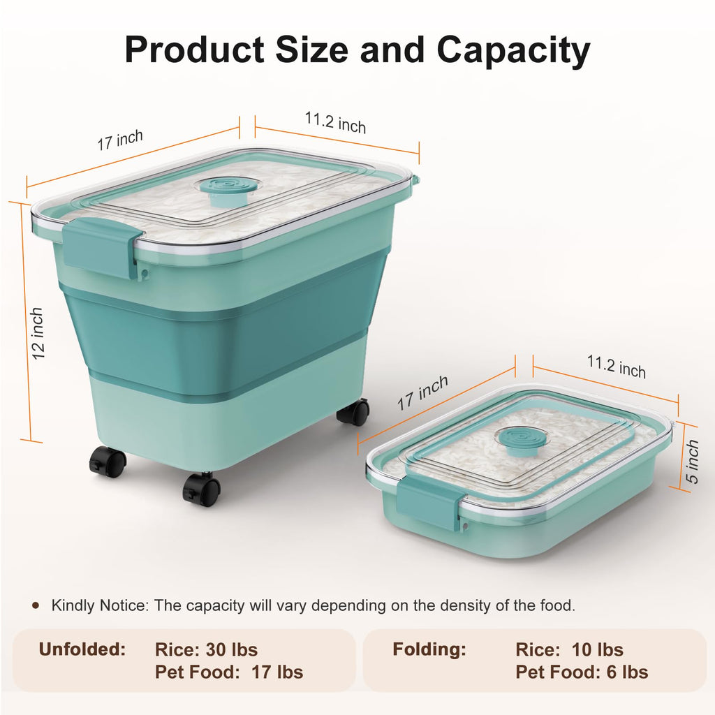 Rice Storage Container, Collapsible Airtight 10-40 Lb Rice Storage Container, 25lb Pet Dog Food Storage Container, Rice Dispenser Bin with Cup and Scoop for Flour Cereal Pasta Grain, Cat Bird