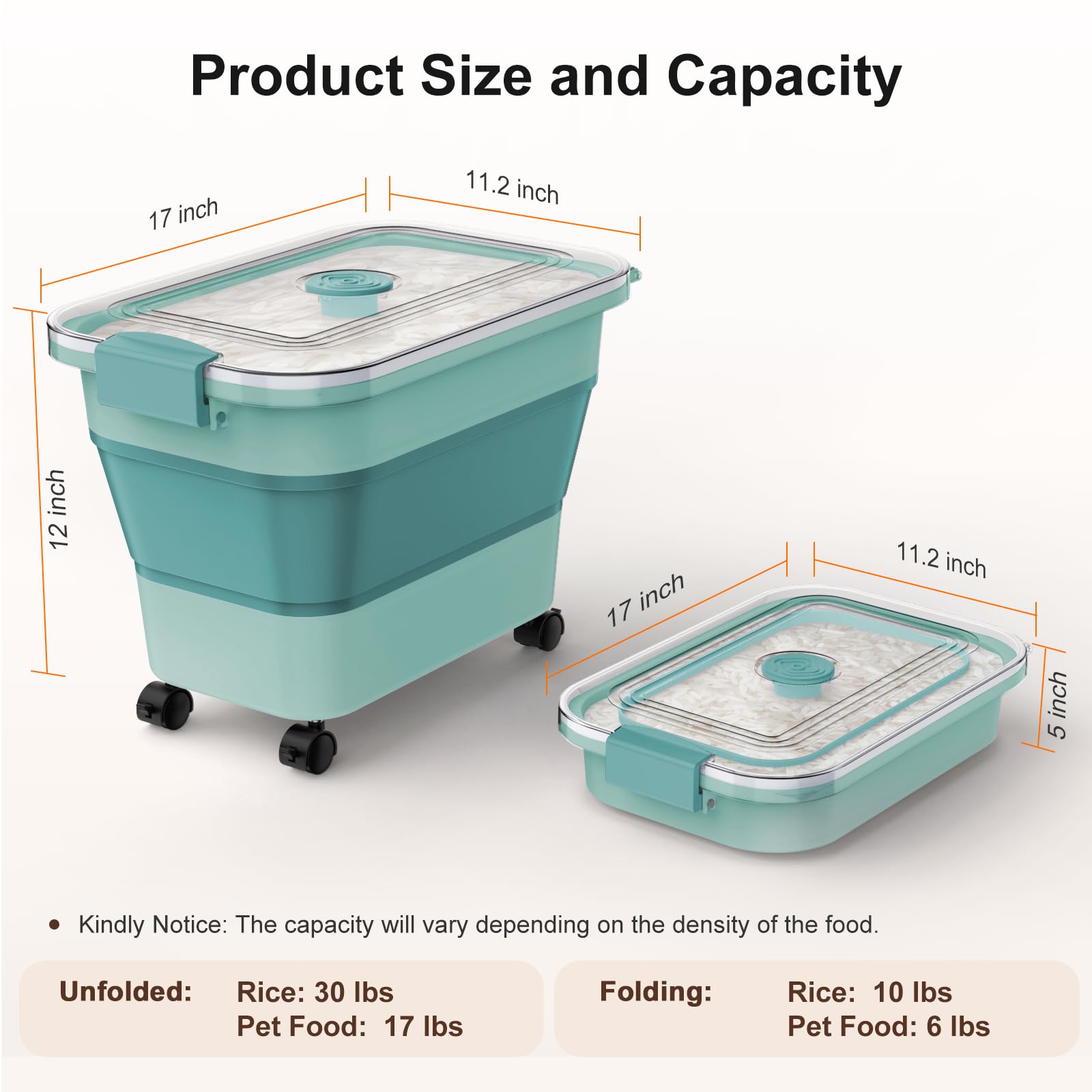 Rice Storage Container, Collapsible Airtight 10-40 Lb Rice Storage Container, 25lb Pet Dog Food Storage Container, Rice Dispenser Bin with Cup and Scoop for Flour Cereal Pasta Grain, Cat Bird