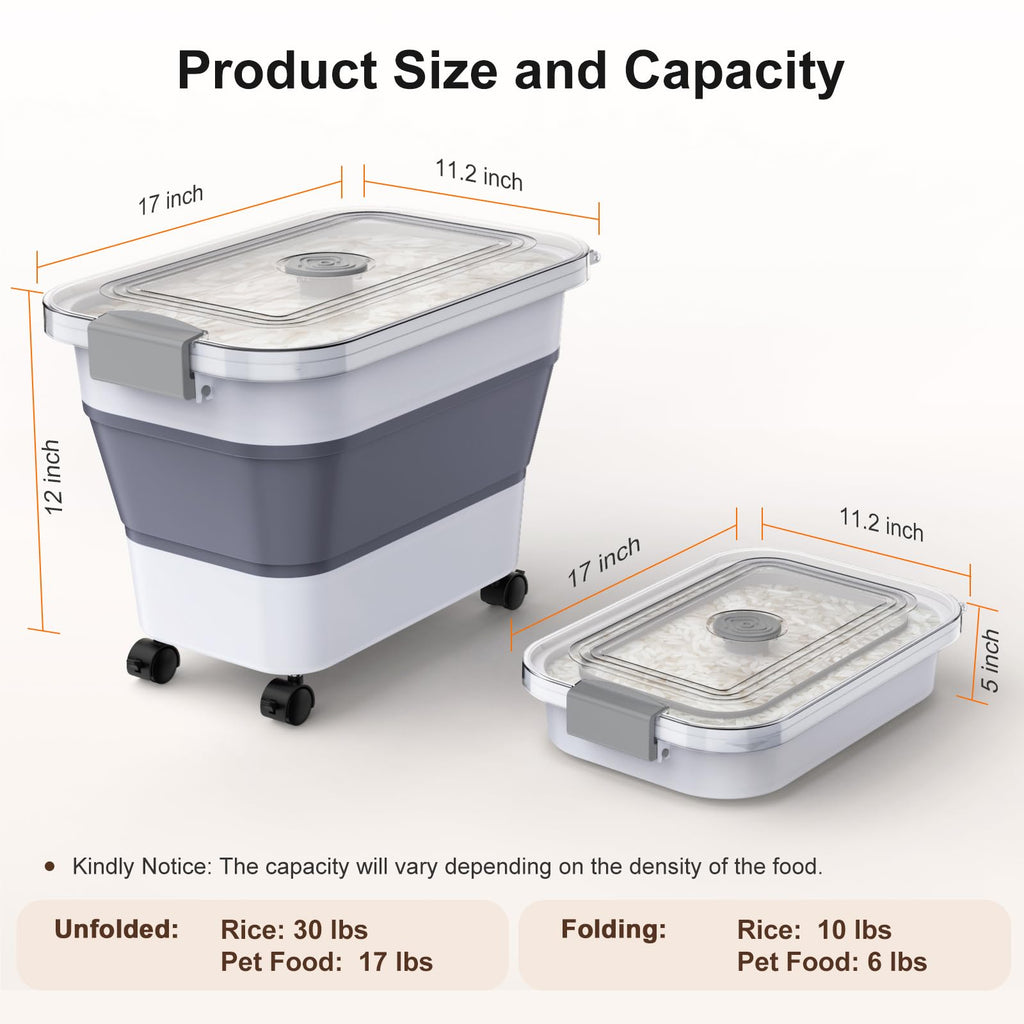 Rice Storage Container, Collapsible Airtight 10-40 Lb Rice Storage Container, 25lb Pet Dog Food Storage Container, Rice Dispenser Bin with Cup and Scoop for Flour Cereal Pasta Grain, Cat Bird