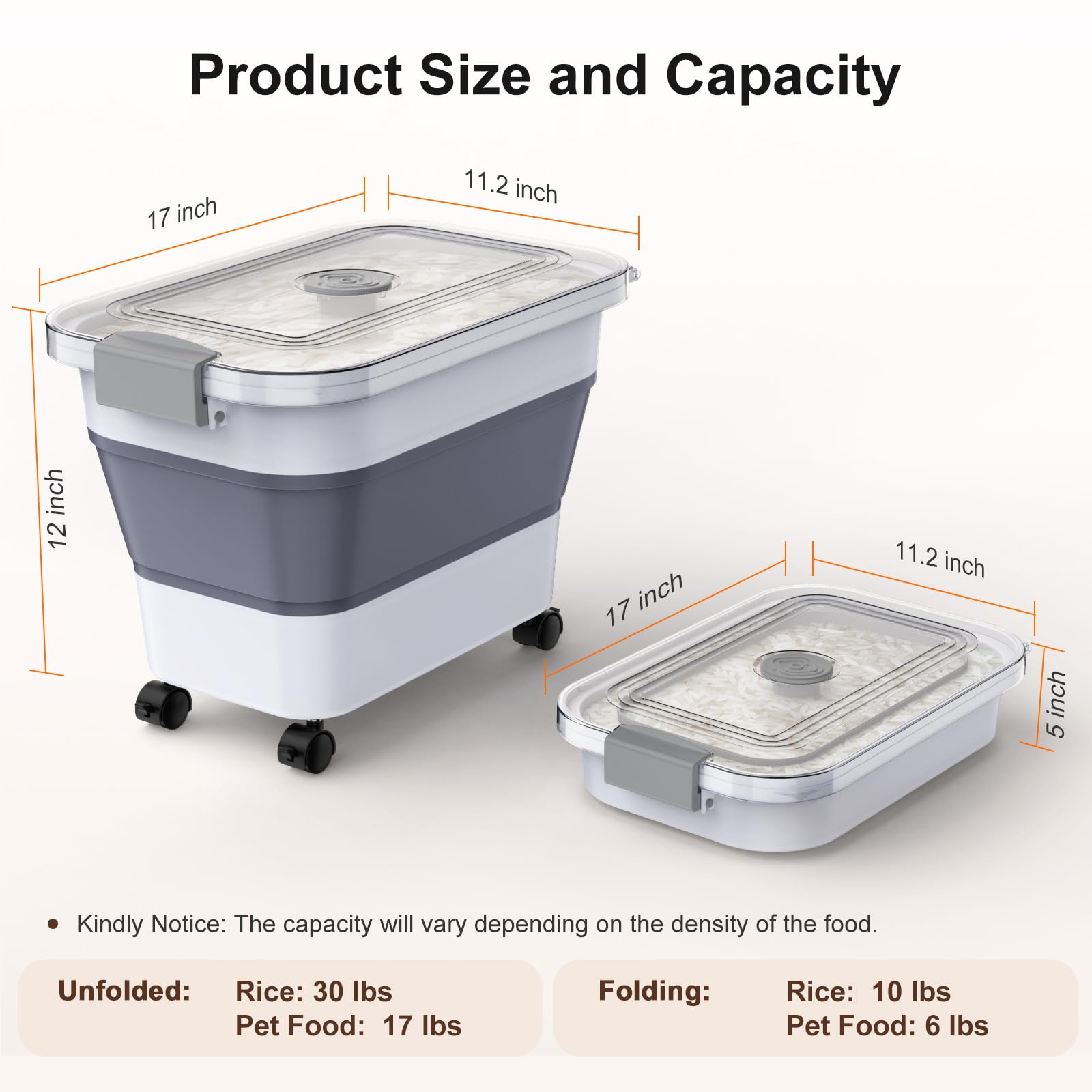 Rice Storage Container, Collapsible Airtight 10-40 Lb Rice Storage Container, 25lb Pet Dog Food Storage Container, Rice Dispenser Bin with Cup and Scoop for Flour Cereal Pasta Grain, Cat Bird