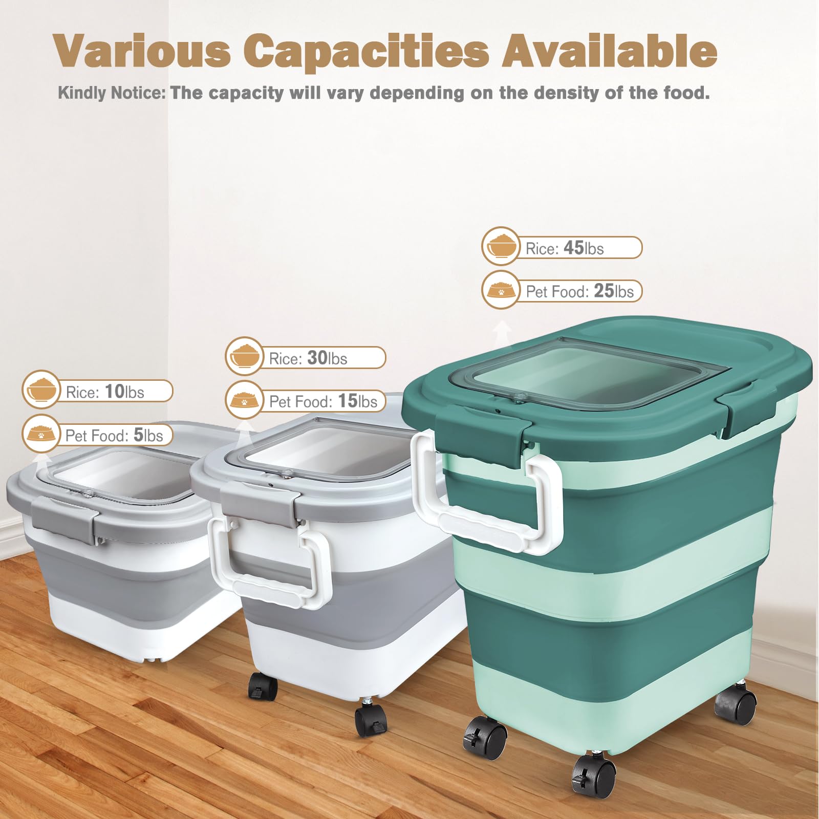 Rice Storage Container, Collapsible Airtight 10-40 Lb Rice Storage Container, 25lb Pet Dog Food Storage Container, Rice Dispenser Bin with Cup and Scoop for Flour Cereal Pasta Grain, Cat Bird