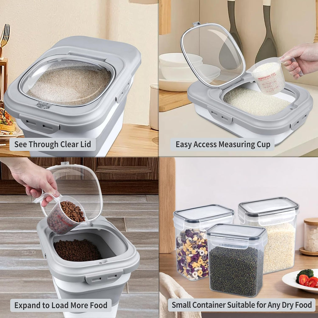 Rice Storage Container, Collapsible Airtight Food Storage Containers 6-20 Lbs, Rice Dispenser with Measuring Cup and Small Bin for Flour Cereal Pasta Grain, Cat Pet Dog Bird Food Container