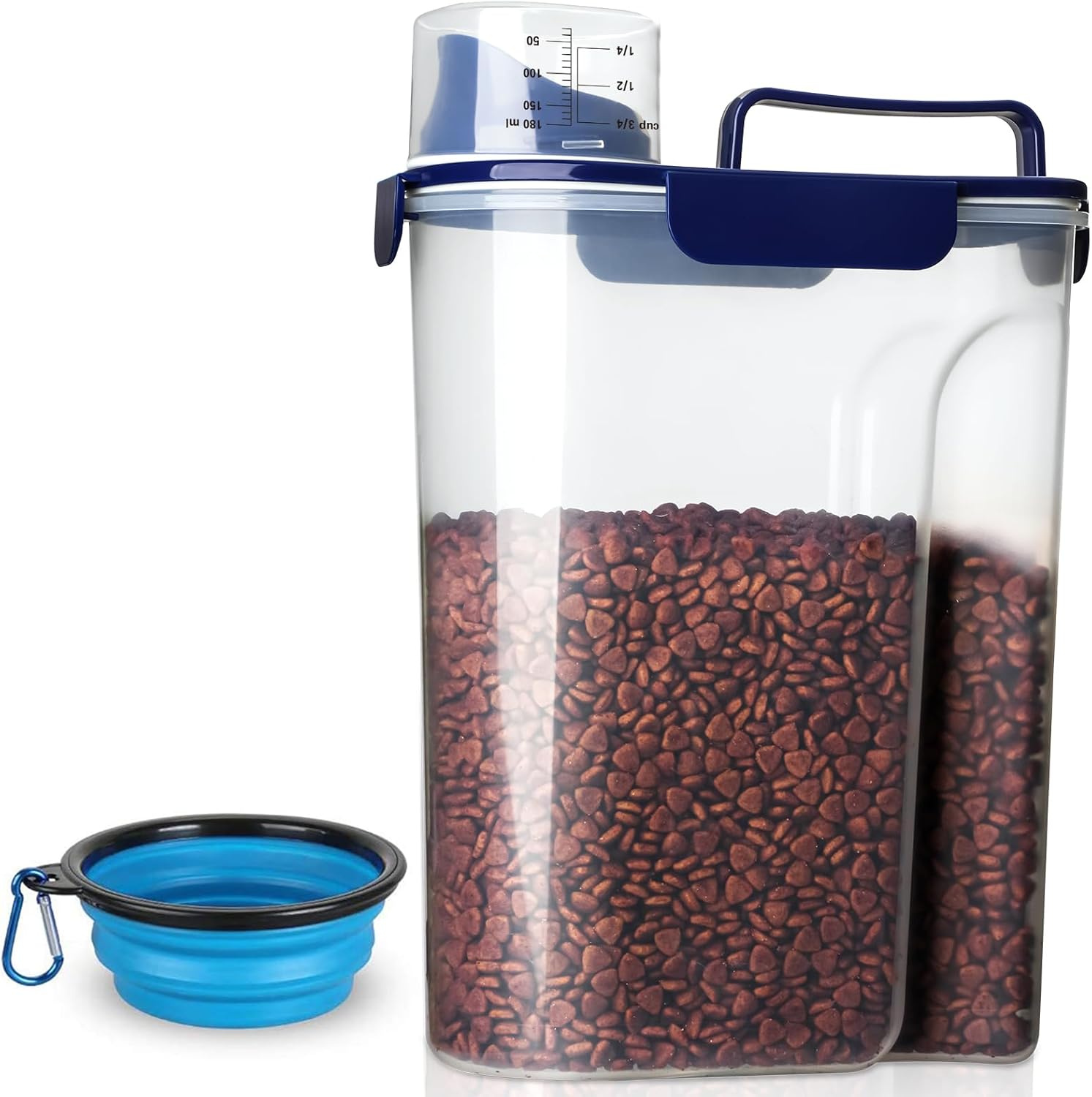 TIOVERY Dog Food Storage Container, 5-7 Lbs Airtight Pet Food Container, Cat food Container Dispenser with Portable Handle, Pouring Spout and a Collapsible bowl for Dogs Cats Navy Blue/6Qt