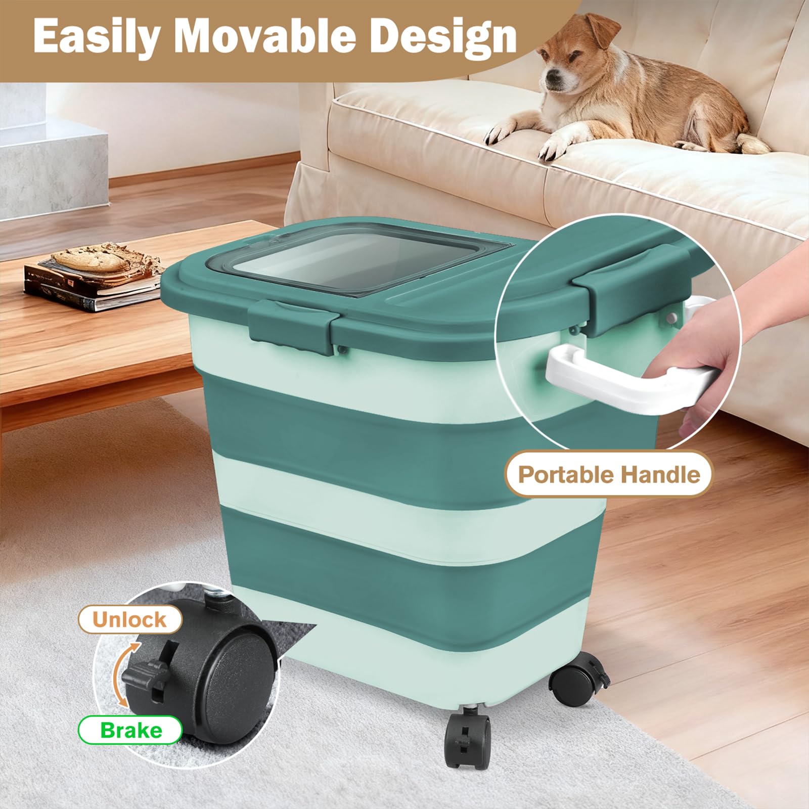 Rice Storage Container, Collapsible Airtight 10-40 Lb Rice Storage Container, 25lb Pet Dog Food Storage Container, Rice Dispenser Bin with Cup and Scoop for Flour Cereal Pasta Grain, Cat Bird
