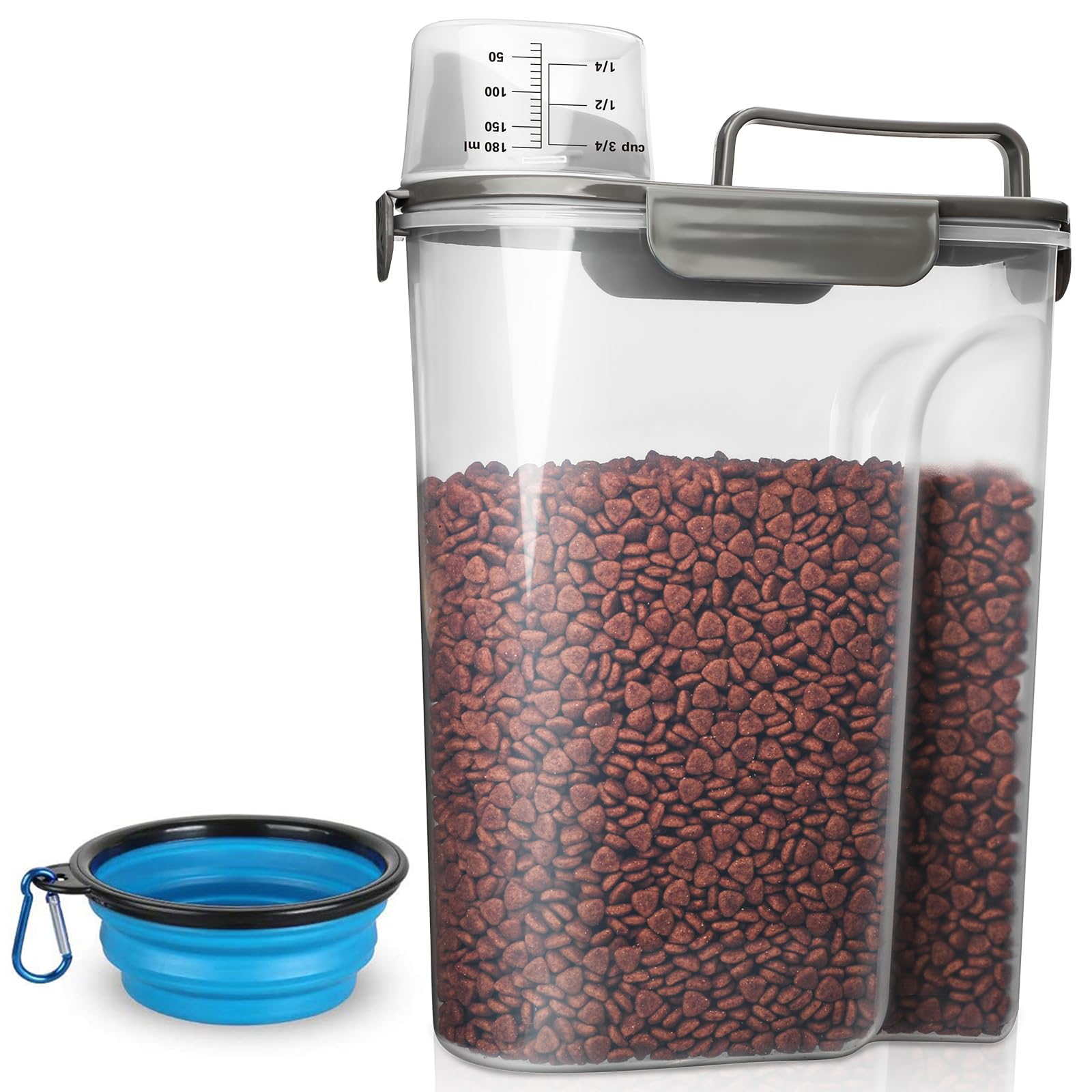 TIOVERY Dog Food Storage Container, 5-7 Lbs Airtight Pet Food Container, Cat food Container Dispenser with Portable Handle, Pouring Spout and a Collapsible bowl for Dogs Cats Navy Blue/6Qt