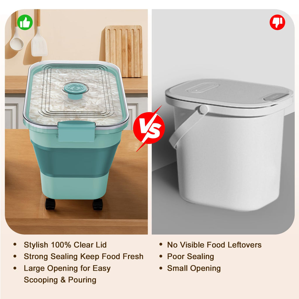 Rice Storage Container, Collapsible Airtight 10-40 Lb Rice Storage Container, 25lb Pet Dog Food Storage Container, Rice Dispenser Bin with Cup and Scoop for Flour Cereal Pasta Grain, Cat Bird