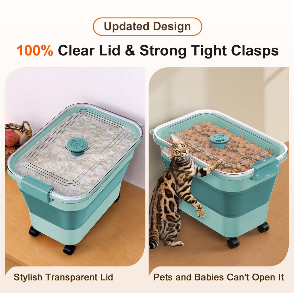 Rice Storage Container, Collapsible Airtight 10-40 Lb Rice Storage Container, 25lb Pet Dog Food Storage Container, Rice Dispenser Bin with Cup and Scoop for Flour Cereal Pasta Grain, Cat Bird