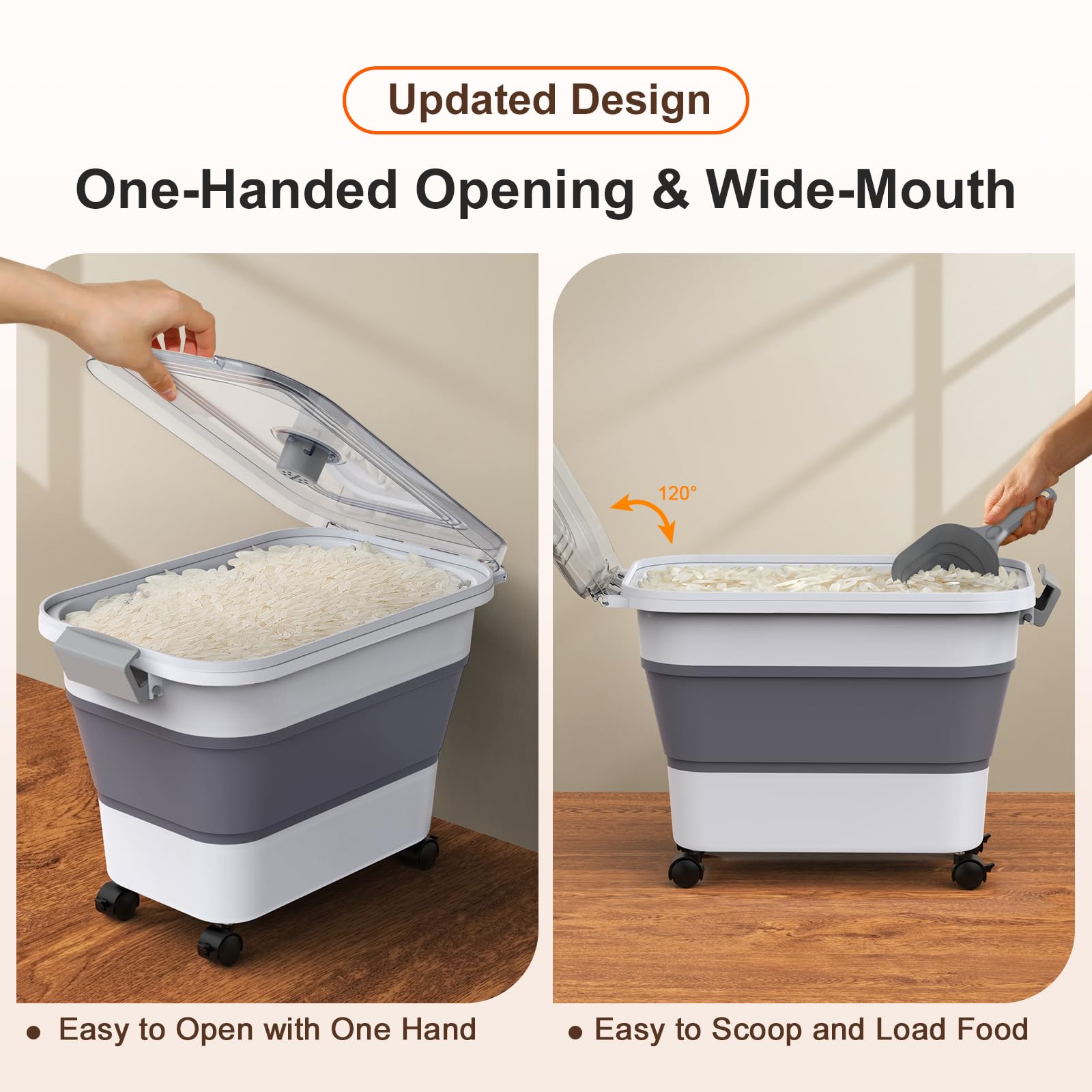 Rice Storage Container, Collapsible Airtight 10-40 Lb Rice Storage Container, 25lb Pet Dog Food Storage Container, Rice Dispenser Bin with Cup and Scoop for Flour Cereal Pasta Grain, Cat Bird