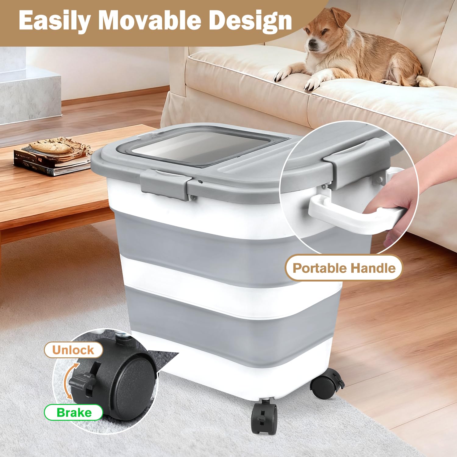 Rice Storage Container, Collapsible Airtight 10-40 Lb Rice Storage Container, 25lb Pet Dog Food Storage Container, Rice Dispenser Bin with Cup and Scoop for Flour Cereal Pasta Grain, Cat Bird
