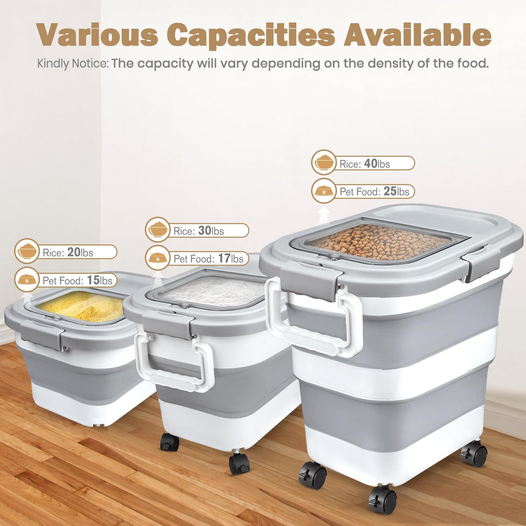 Rice Storage Container, Collapsible Airtight 10-40 Lb Rice Storage Container, 25lb Pet Dog Food Storage Container, Rice Dispenser Bin with Cup and Scoop for Flour Cereal Pasta Grain, Cat Bird