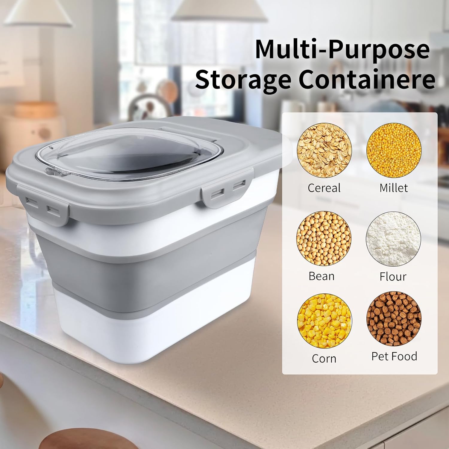 Rice Storage Container, Collapsible Airtight Food Storage Containers 6-20 Lbs, Rice Dispenser with Measuring Cup and Small Bin for Flour Cereal Pasta Grain, Cat Pet Dog Bird Food Container