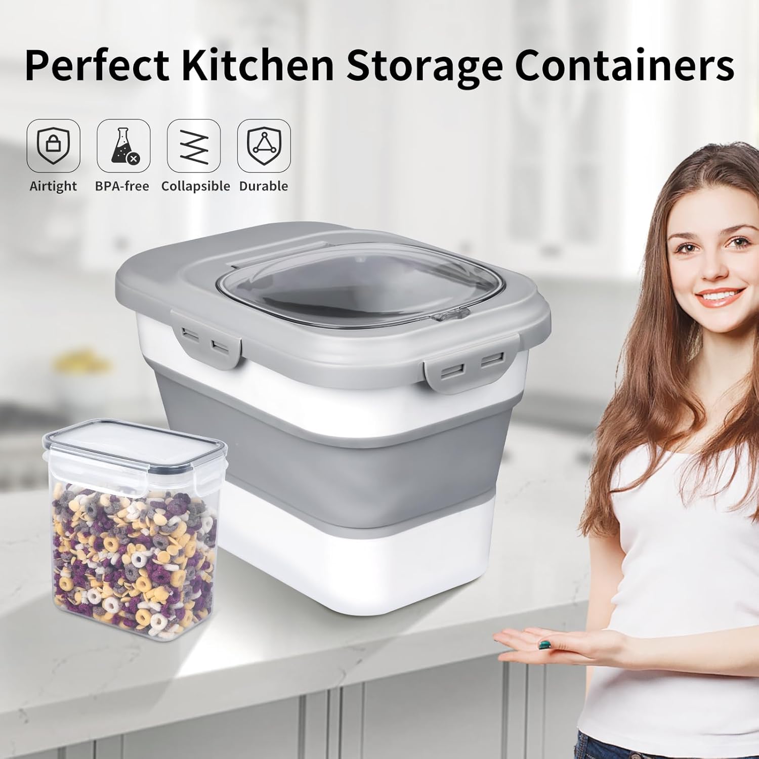 Rice Storage Container, Collapsible Airtight Food Storage Containers 6-20 Lbs, Rice Dispenser with Measuring Cup and Small Bin for Flour Cereal Pasta Grain, Cat Pet Dog Bird Food Container