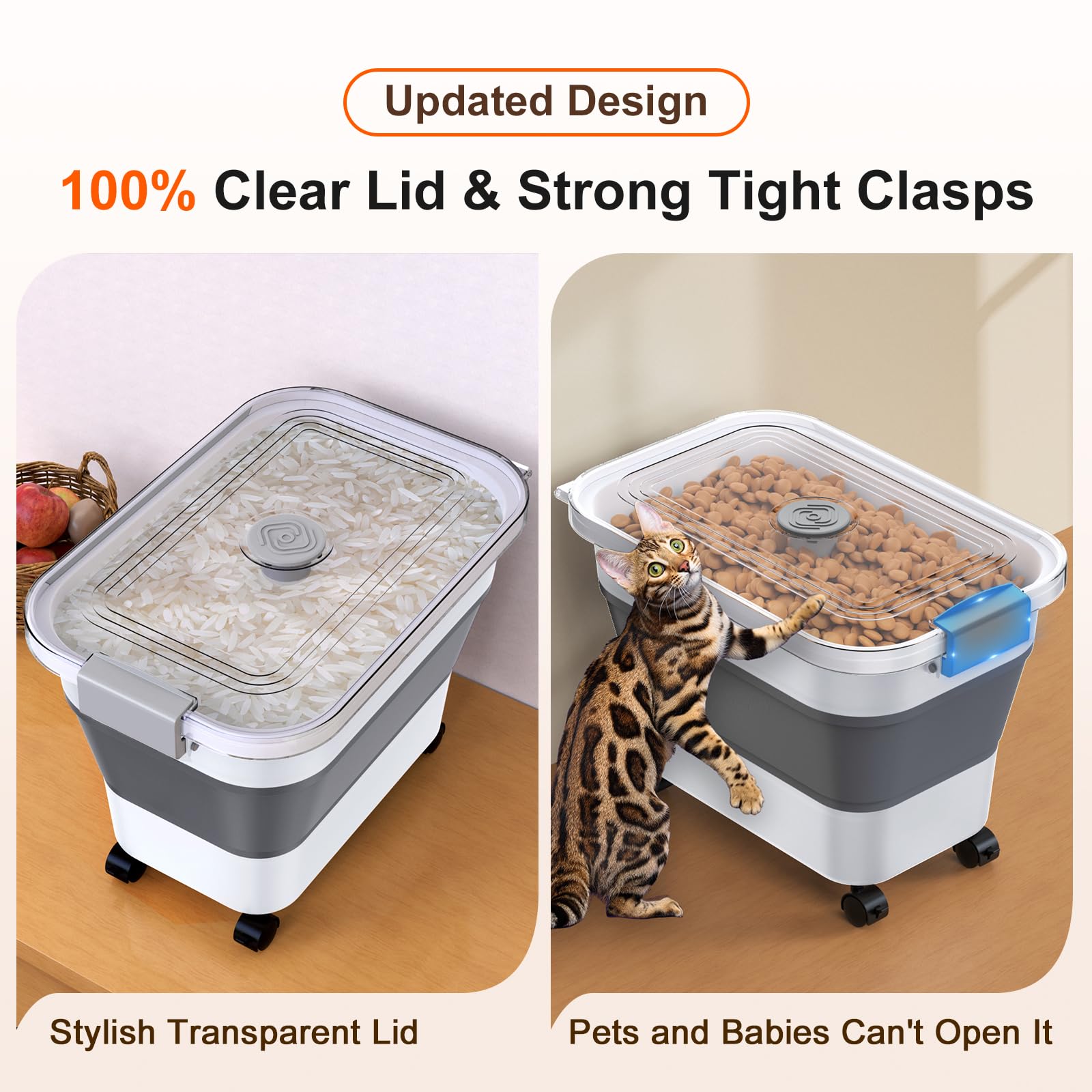 Rice Storage Container, Collapsible Airtight 10-40 Lb Rice Storage Container, 25lb Pet Dog Food Storage Container, Rice Dispenser Bin with Cup and Scoop for Flour Cereal Pasta Grain, Cat Bird