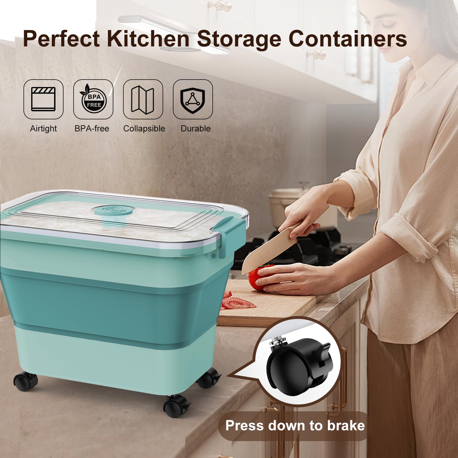 Rice Storage Container, Collapsible Airtight 10-40 Lb Rice Storage Container, 25lb Pet Dog Food Storage Container, Rice Dispenser Bin with Cup and Scoop for Flour Cereal Pasta Grain, Cat Bird