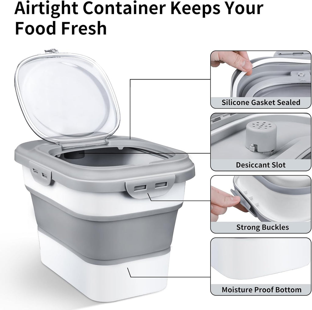 Rice Storage Container, Collapsible Airtight Food Storage Containers 6-20 Lbs, Rice Dispenser with Measuring Cup and Small Bin for Flour Cereal Pasta Grain, Cat Pet Dog Bird Food Container